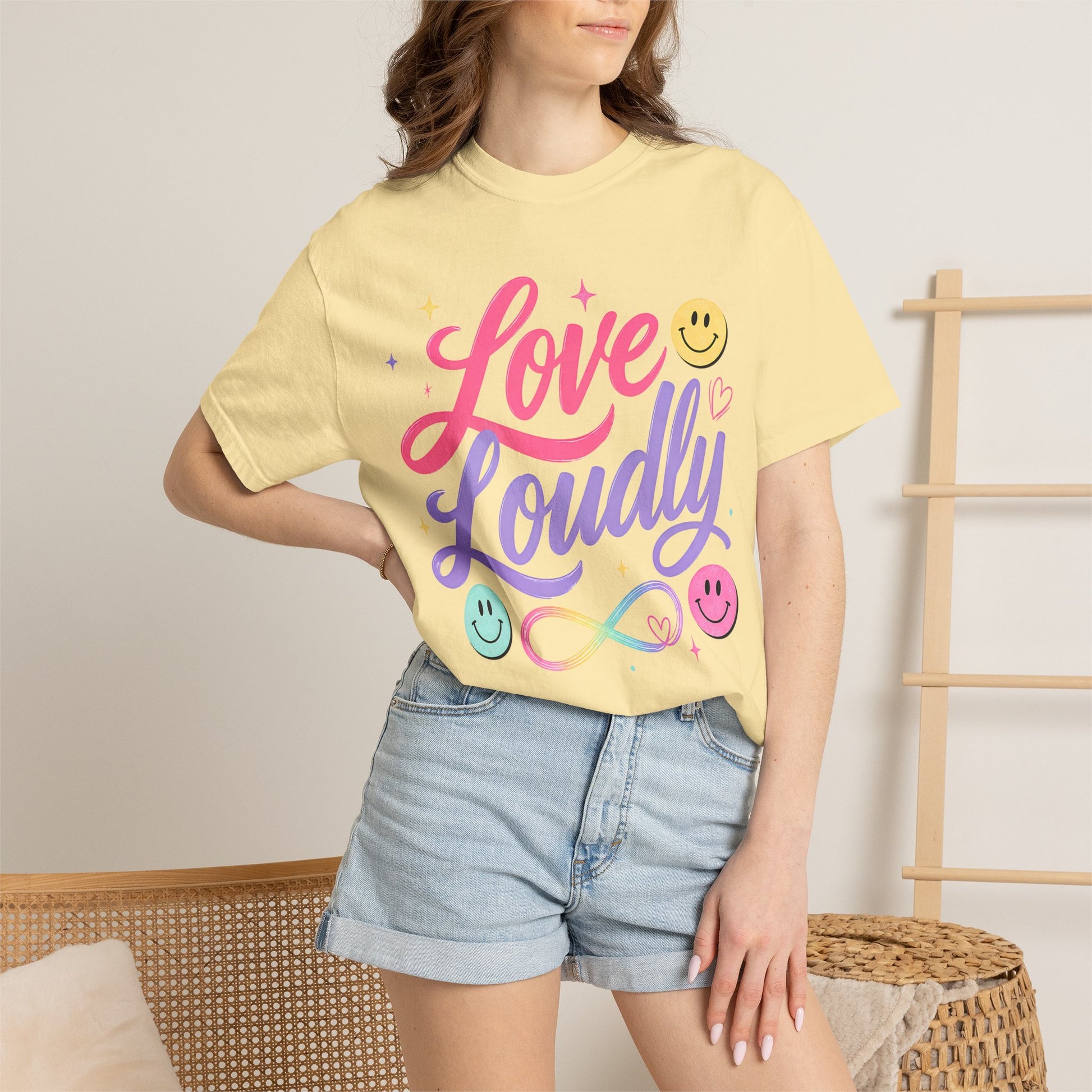 Love Loudly Graphic T‑Shirt — Rainbow Smiley Retro Script Tee image 11