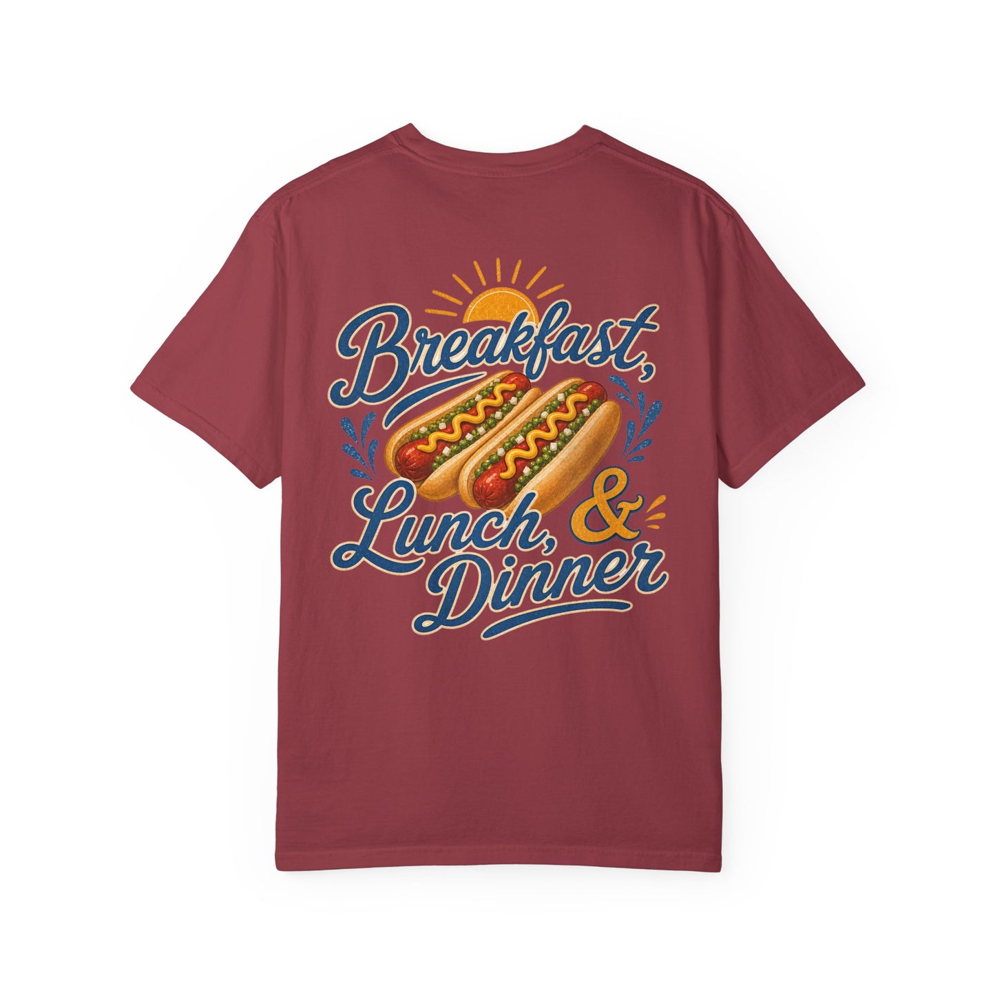 "Breakfast, Lunch & Dinner" Hot Dog Graphic Tee, routine, asd BACK PRINT