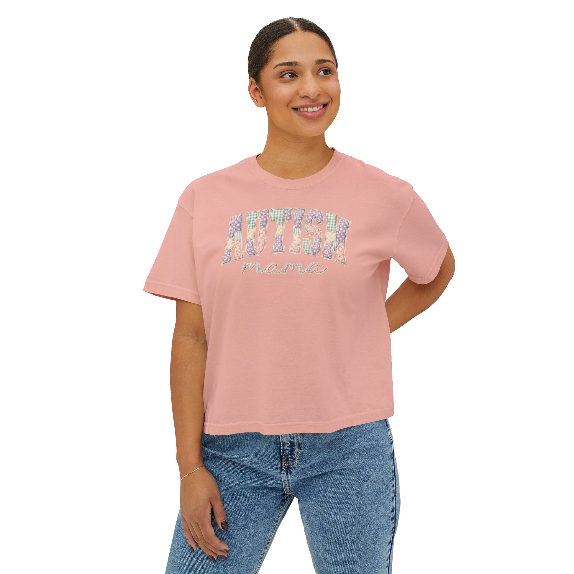 Autism Mama Boxy Tee — Pastel Patchwork Lettering T‑Shirt image 8