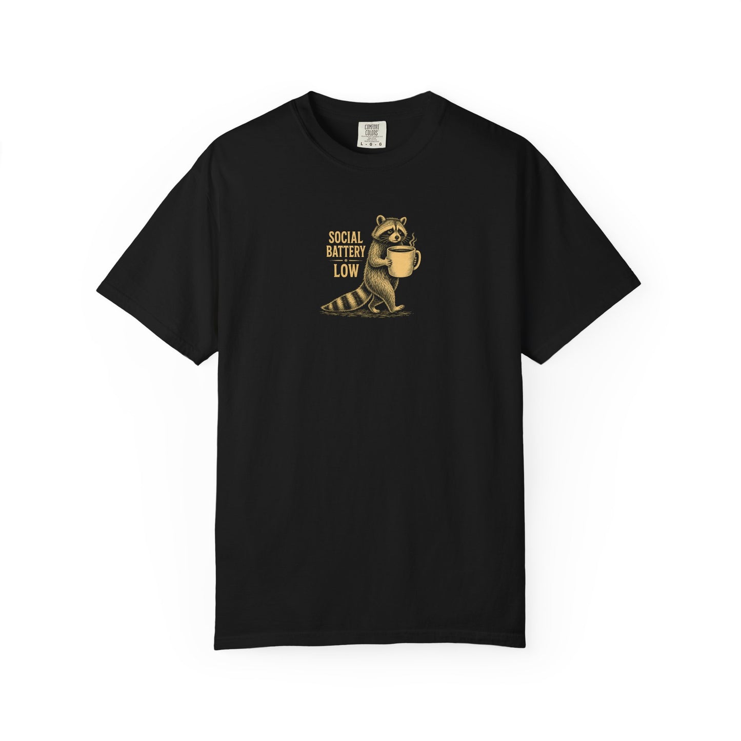"Social Battery Low" Raccoon Coffee Graphic Tee