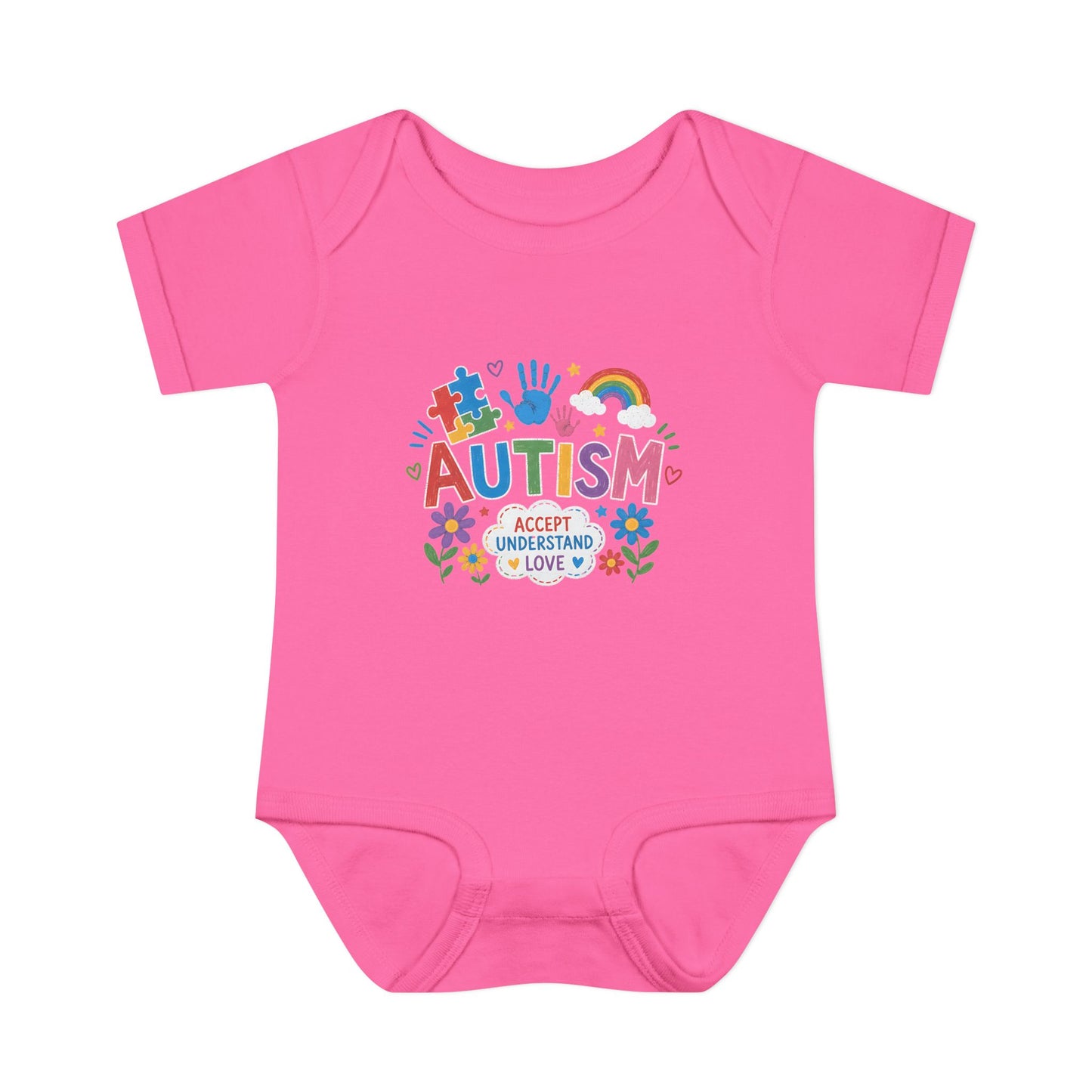 Autism Awareness Infant Bodysuit — 'Accept Understand Love' Colorful Design - 6M, Raspberry image