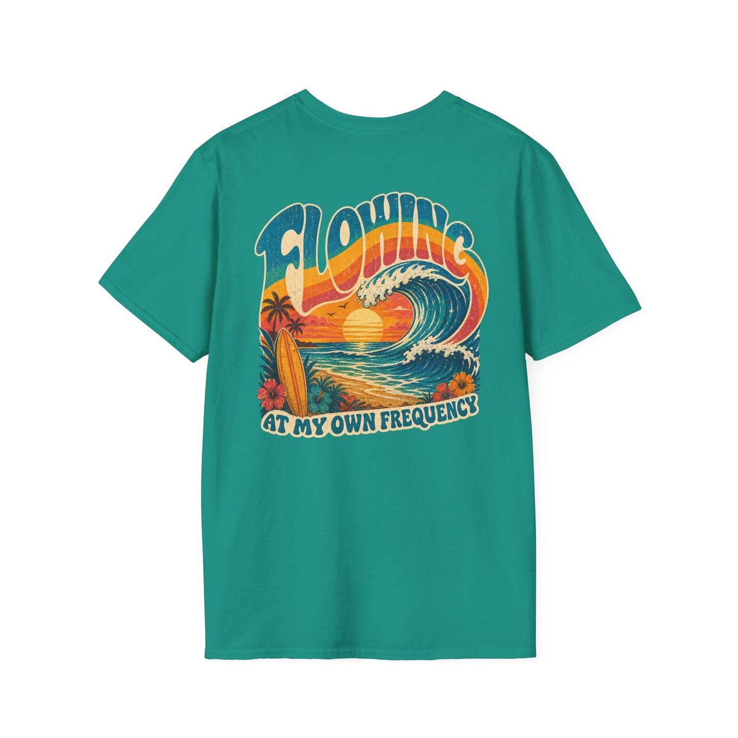 "Flowing At My Own Frequency" Groovy 70s Surfboard Beach Sunset Graphic T-Shirt