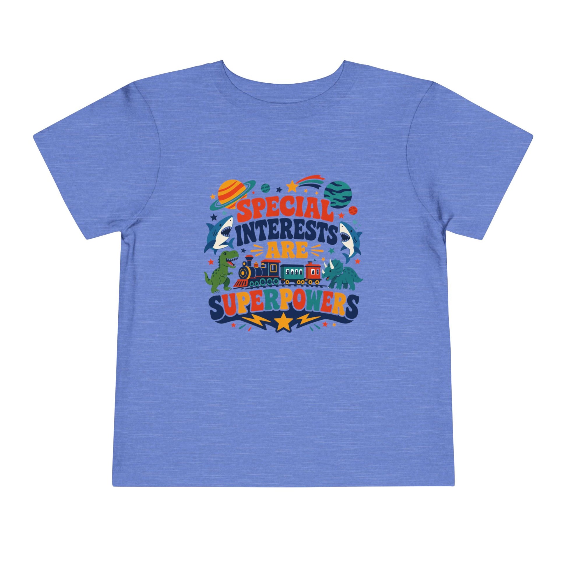 Toddler Tee — “Special Interests Are Superpowers” Colorful Space &amp; Dino Graphic - Heather Columbia Blue, 3T image