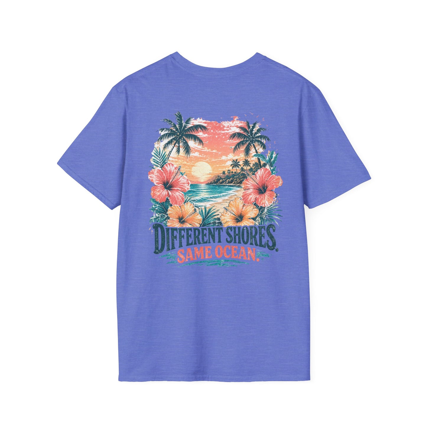 "Different Shores, Same Ocean" Hibiscus Flower Beach Sunset Graphic T-Shirt