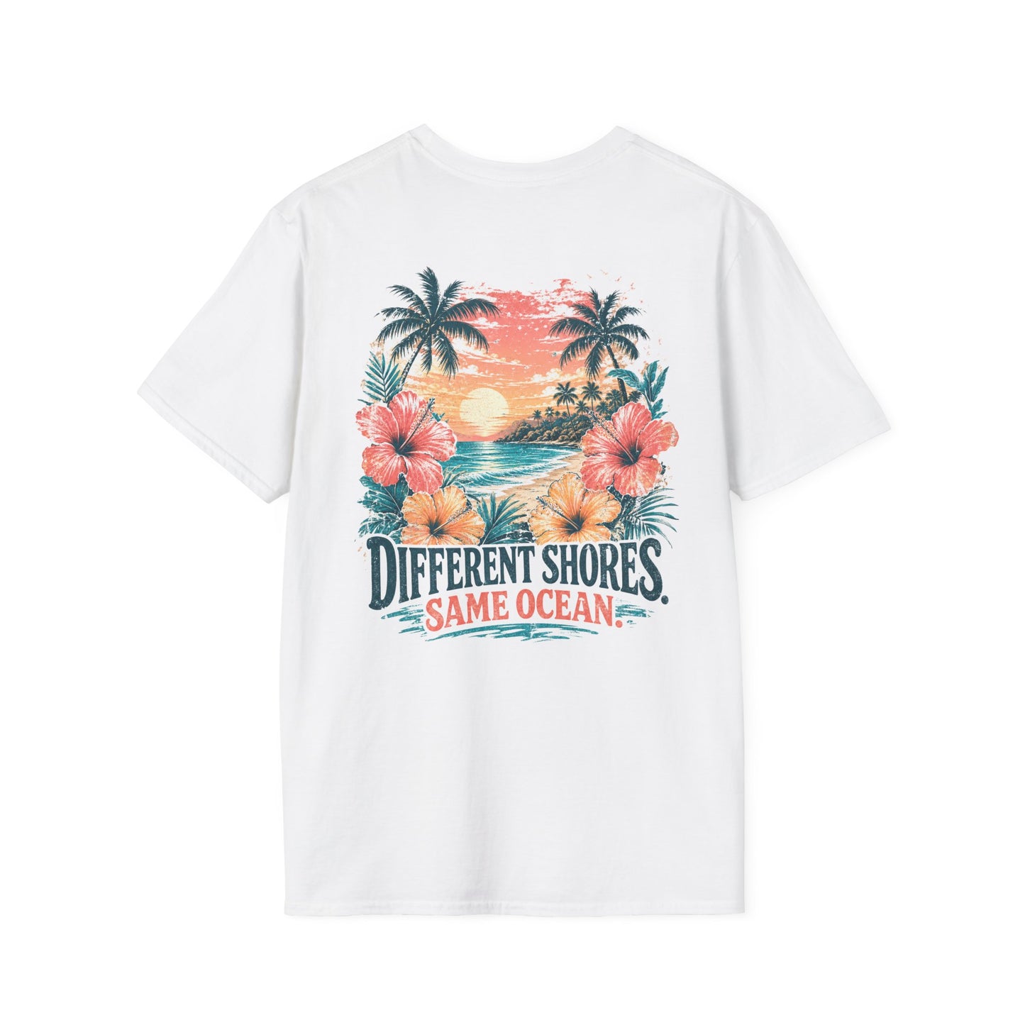 "Different Shores, Same Ocean" Hibiscus Flower Beach Sunset Graphic T-Shirt