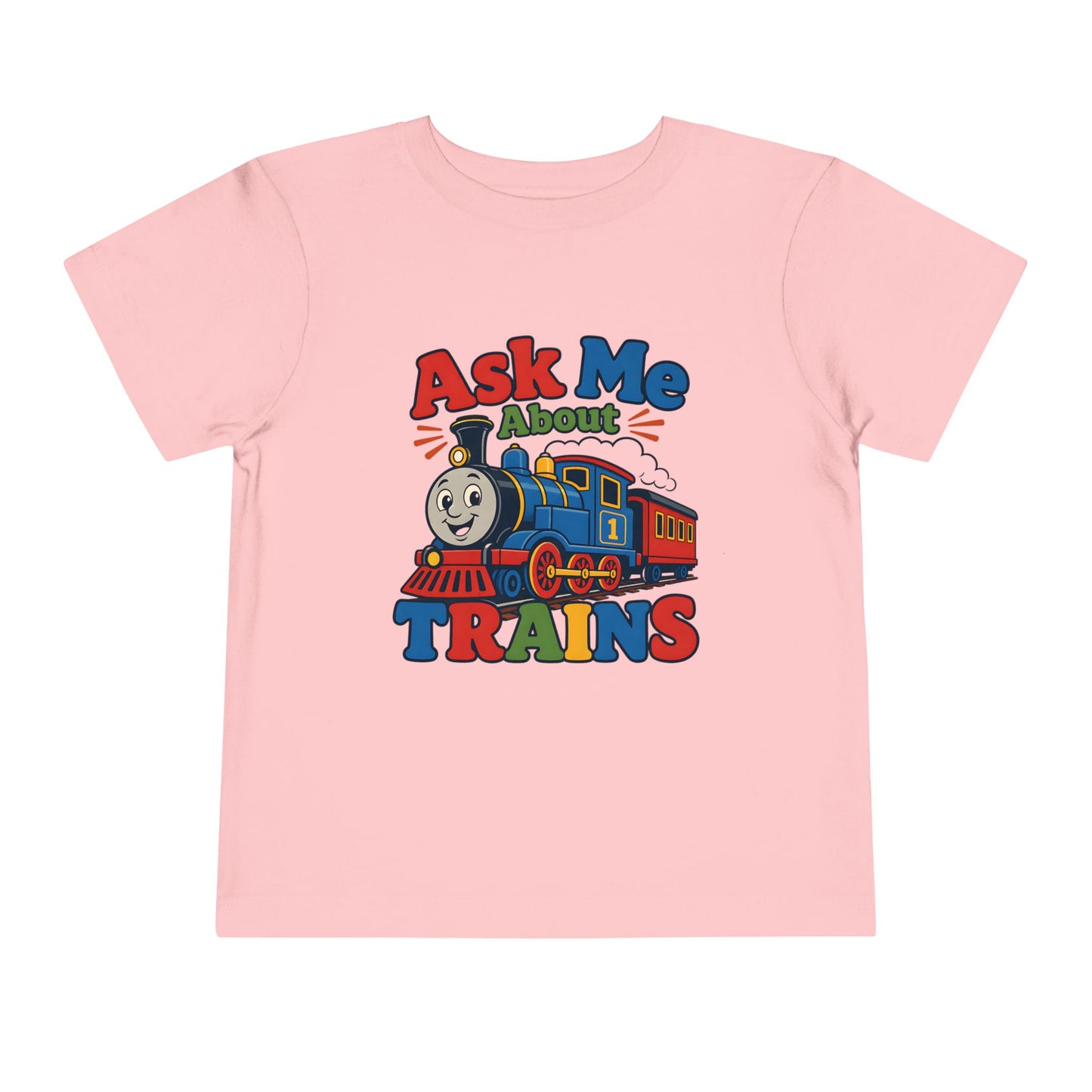 Toddler Tee — "Ask Me About Trains" Cute Kids Train Graphic Shirt - Pink, 5T image