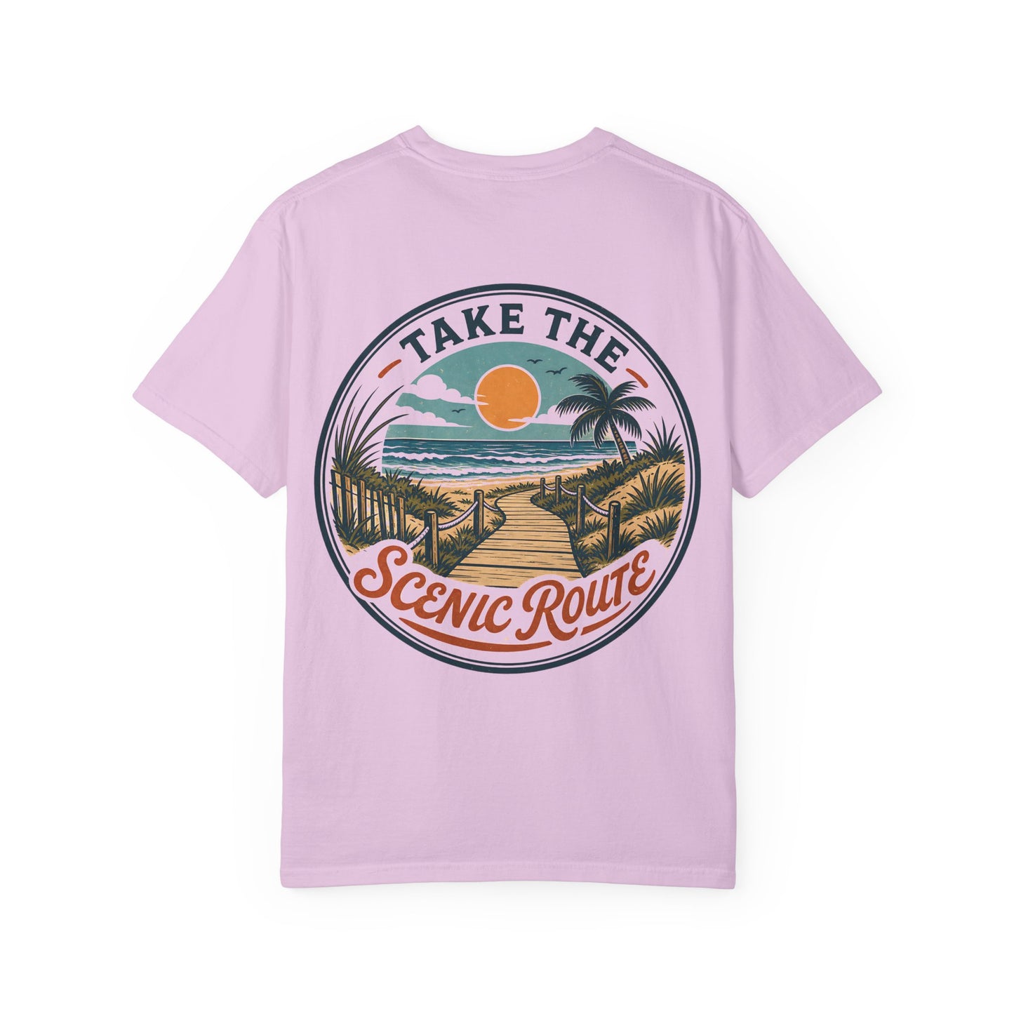 Scenic Route Beach T-Shirt — "Take the Scenic Route" Sunset Boardwalk Tee