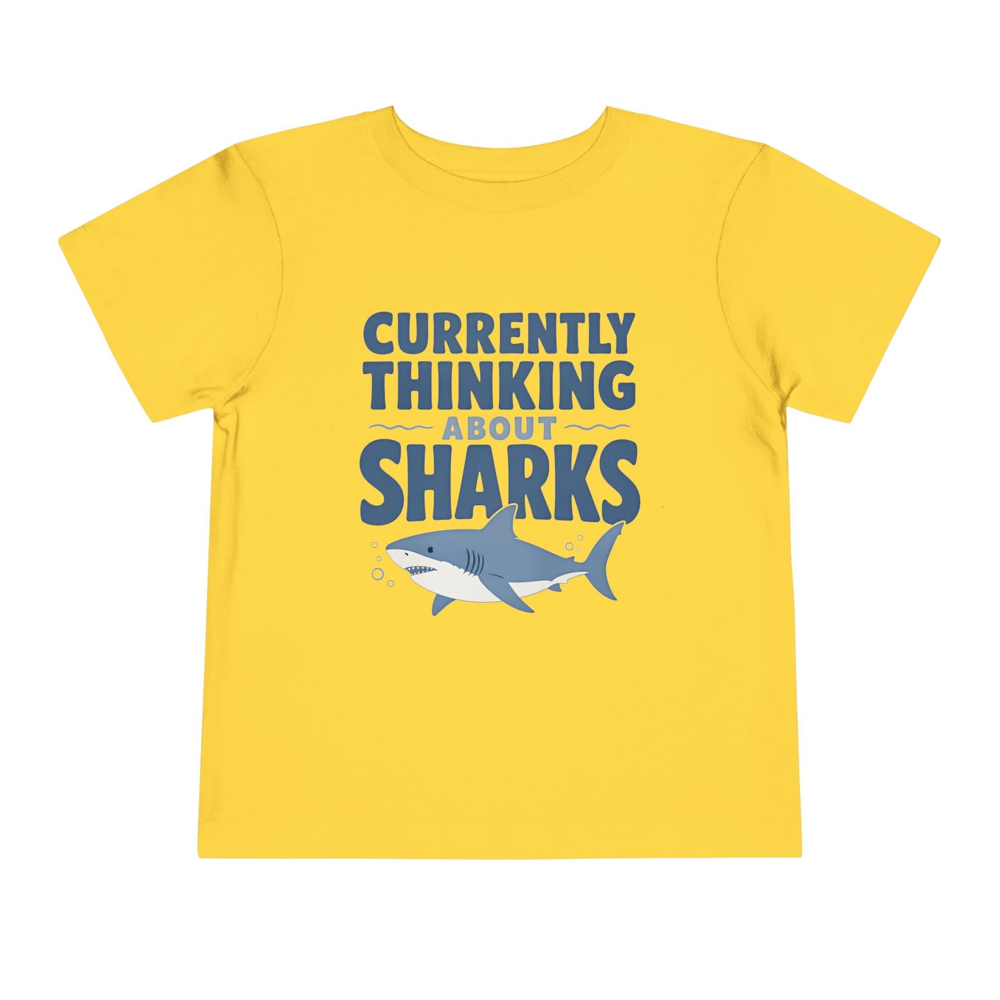 Toddler Tee - "Currently Thinking About Sharks" Cute Shark Graphic Shirt for Kids - Yellow, 5T image