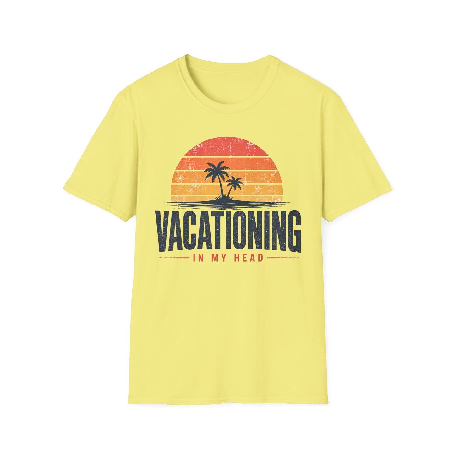 Vacationing T-Shirt — Retro Palm Sunset "Vacationing in My Head" Tee
