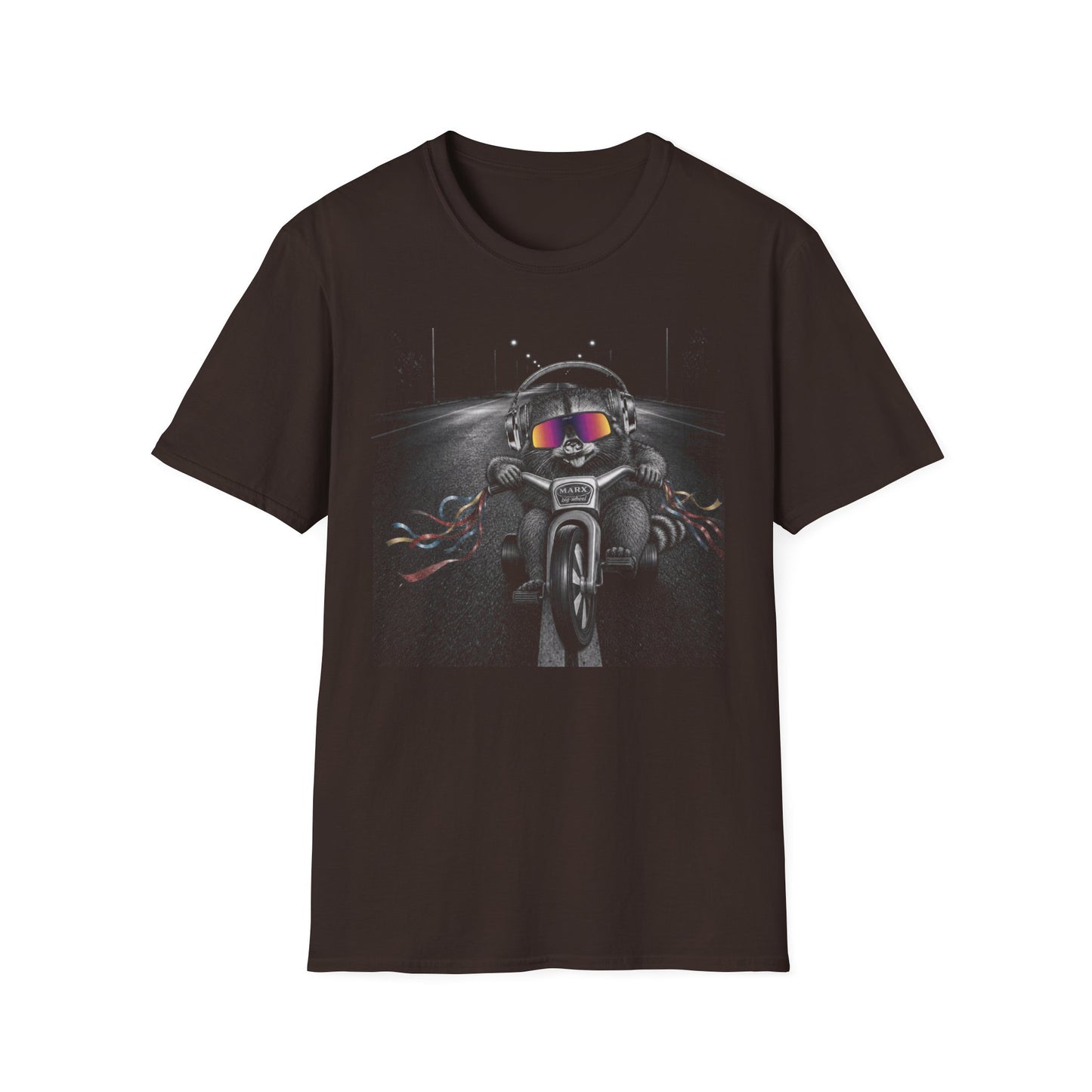 Marx Big Wheel Active Noise Canceling (ANC) headphones and Oakleys Raccoon Graphic T-Shirt — Retro Biker Tee