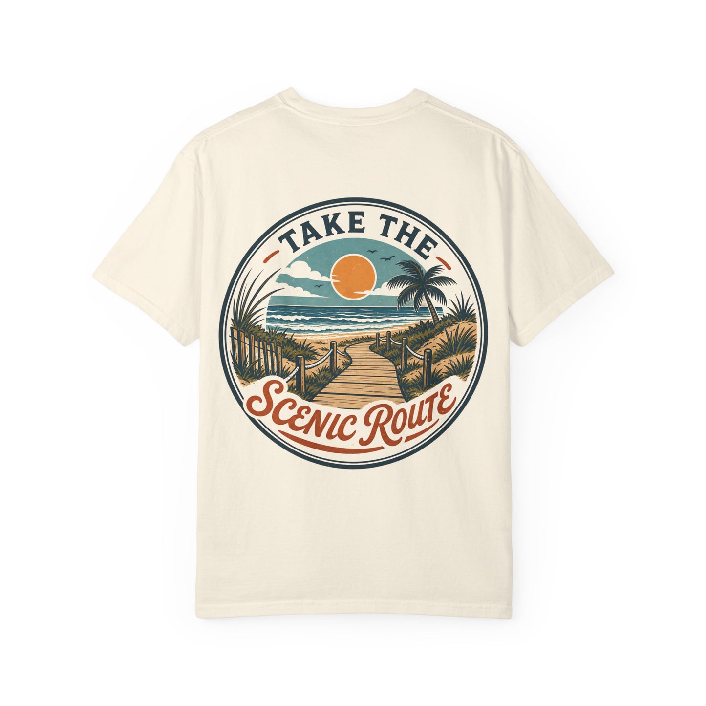 Scenic Route Beach T-Shirt — "Take the Scenic Route" Sunset Boardwalk Tee