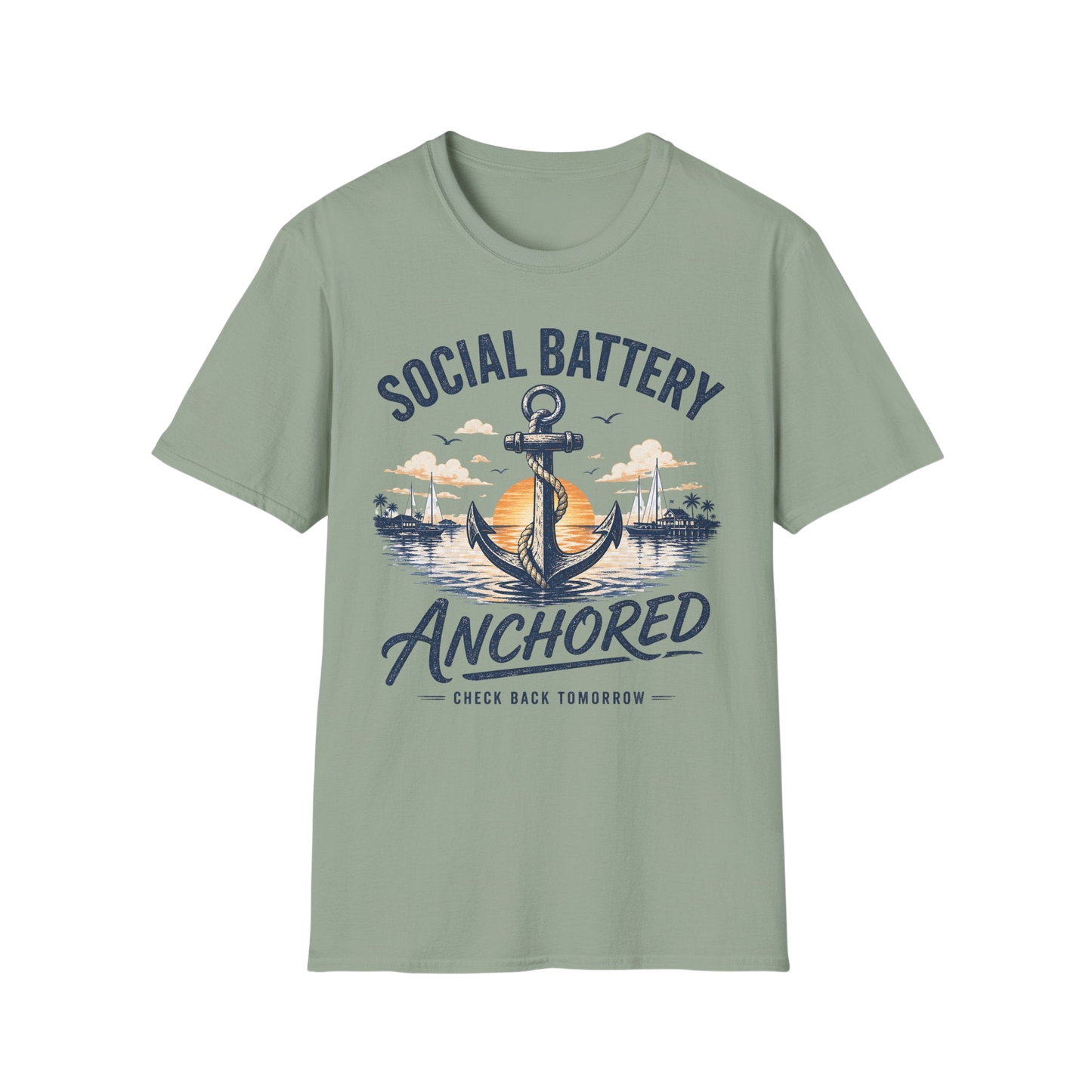 Social Battery Anchored T‑Shirt — Nautical Anchor Retro Sunset Tee