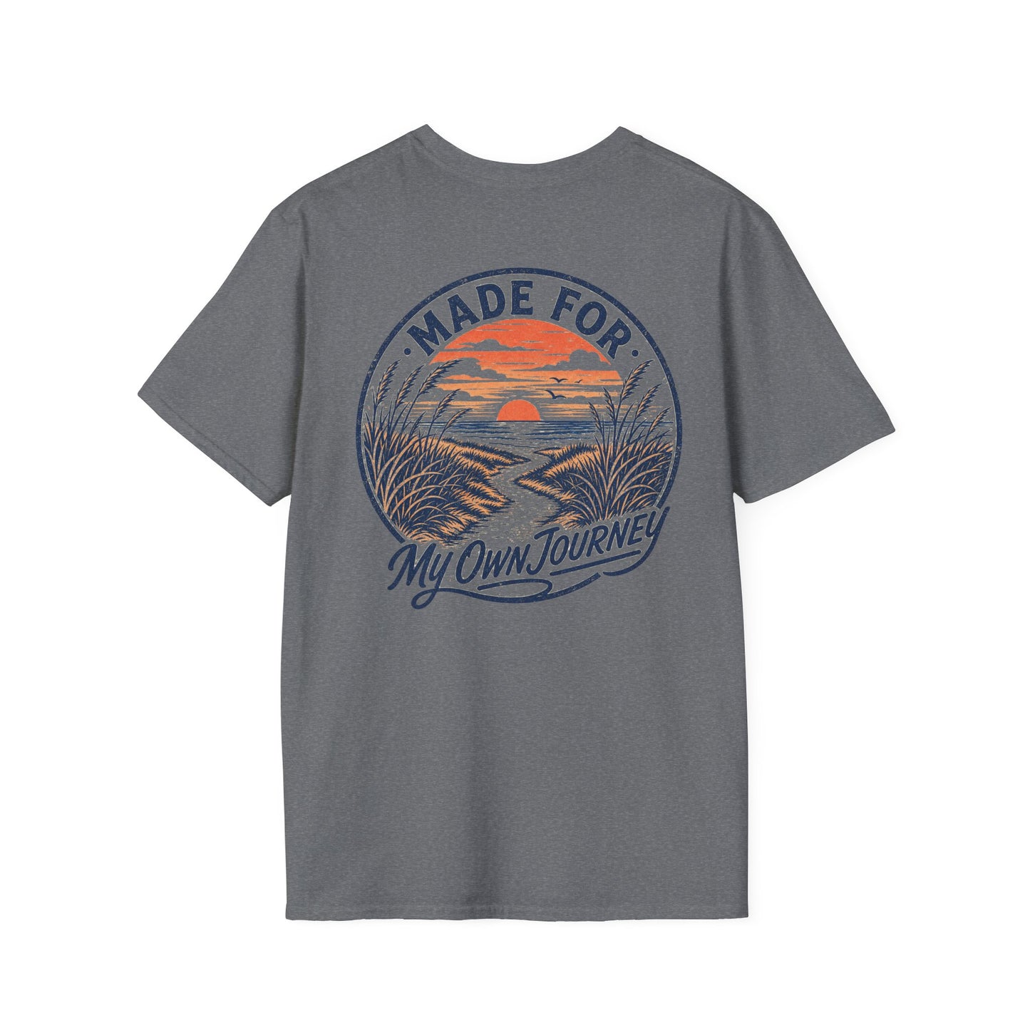 "Made For My Own Journey" beach path leading toward sunset, vintage surf poster style