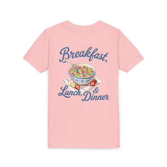 “Breakfast, Lunch & Dinner” Cereal Bowl Kids Youth Tee - Shirt BACK PRINT