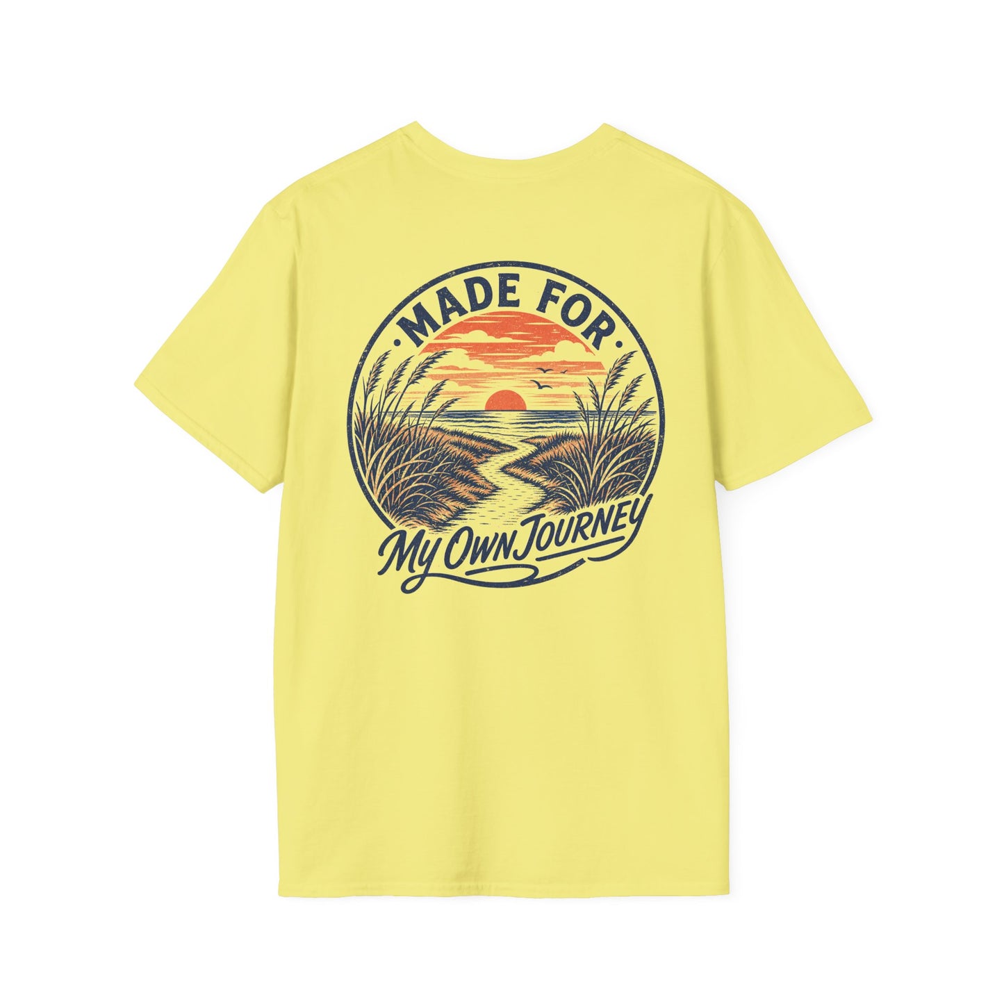 "Made For My Own Journey" beach path leading toward sunset, vintage surf poster style