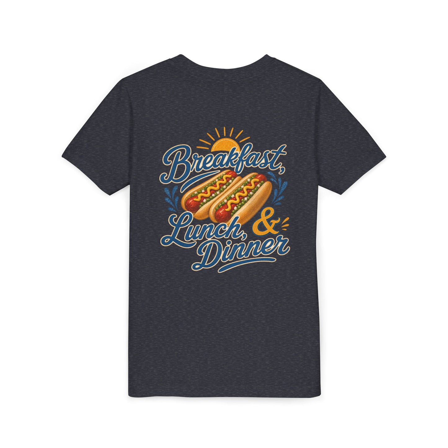 “Breakfast, Lunch & Dinner” Hot Dog Graphic Tee Youth BACK PRINT —