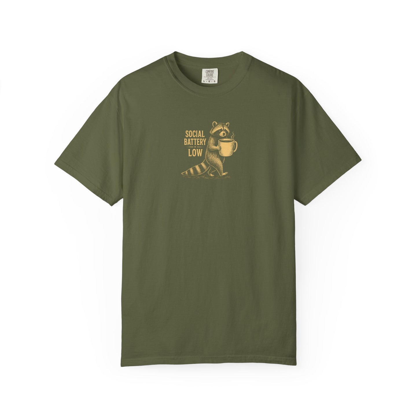 "Social Battery Low" Raccoon Coffee Graphic Tee