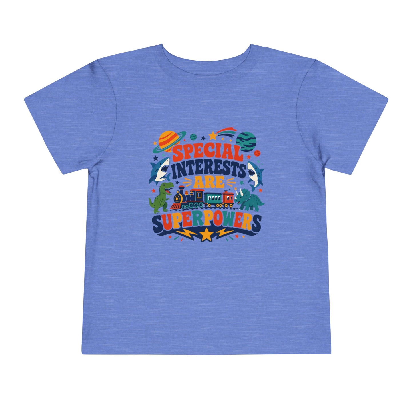 Toddler Tee — “Special Interests Are Superpowers” Colorful Space &amp; Dino Graphic - Heather Columbia Blue, 4T image