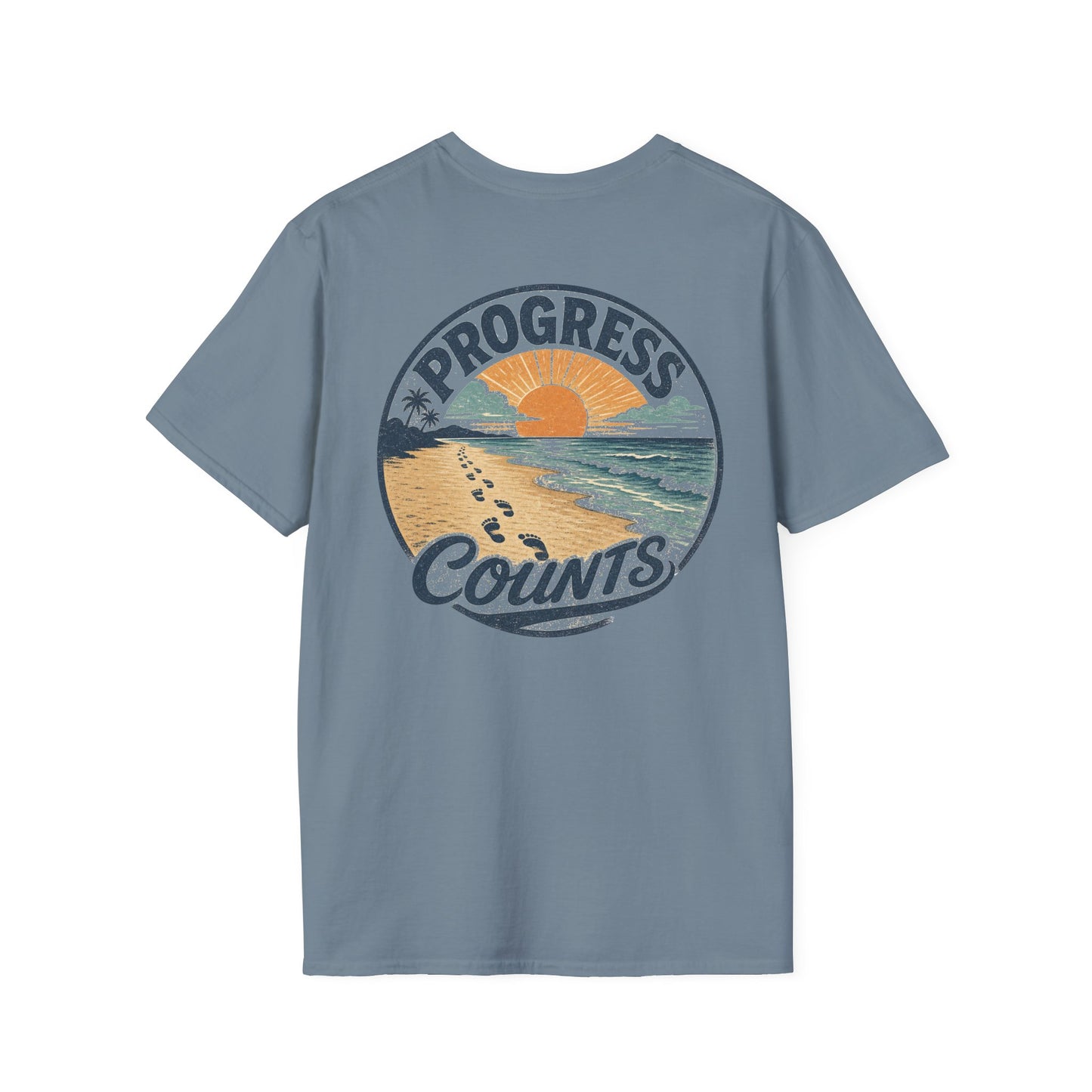 Progress Counts T-Shirt — Vintage Coastal Footprints Sunset