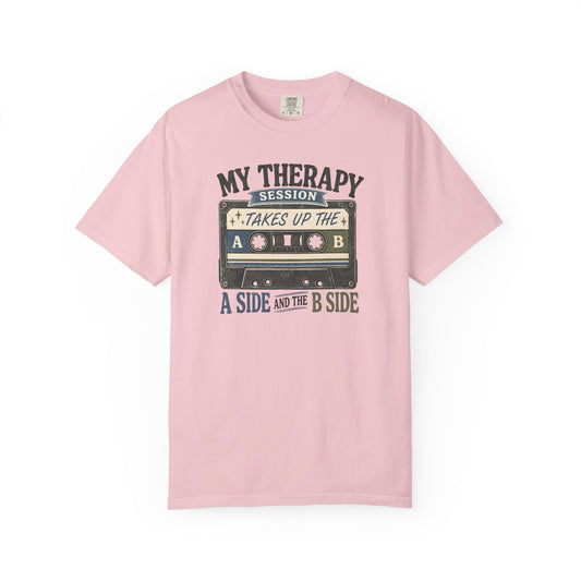 “My Therapy Session Takes Up the A Side and the B Side” Cassette Therapy T-Shirt —Vintage Music Tee