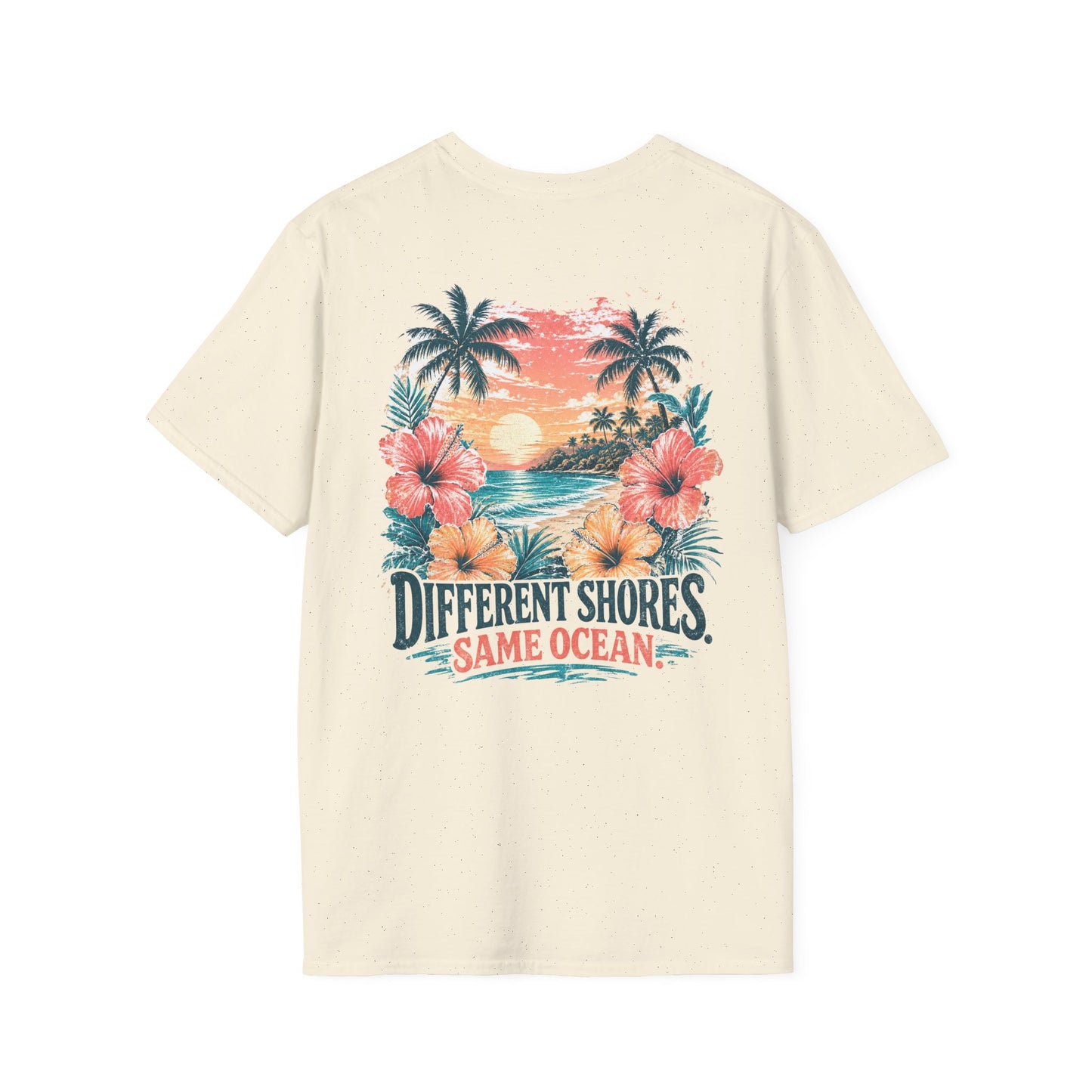 "Different Shores, Same Ocean" Hibiscus Flower Beach Sunset Graphic T-Shirt