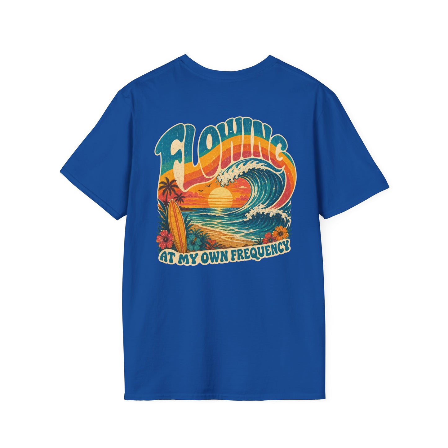 "Flowing At My Own Frequency" Groovy 70s Surfboard Beach Sunset Graphic T-Shirt