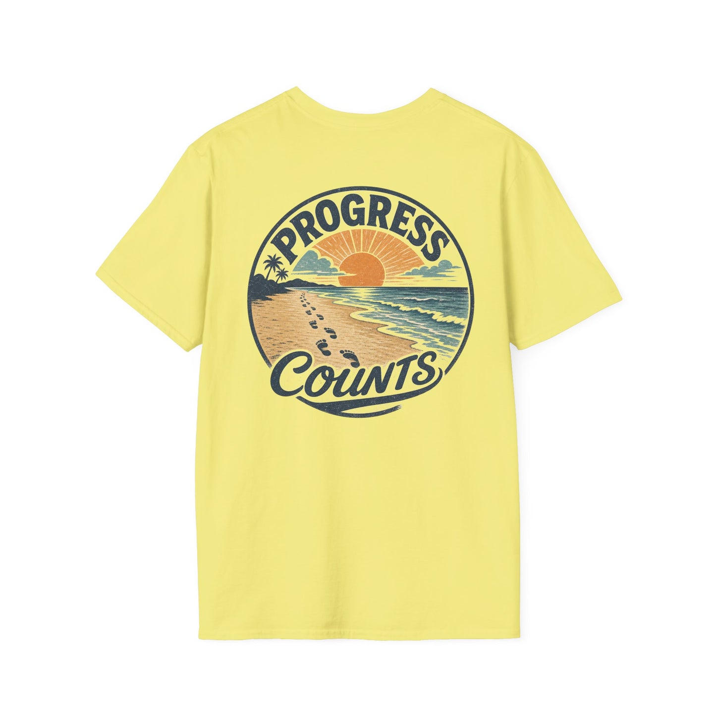 Progress Counts T-Shirt — Vintage Coastal Footprints Sunset