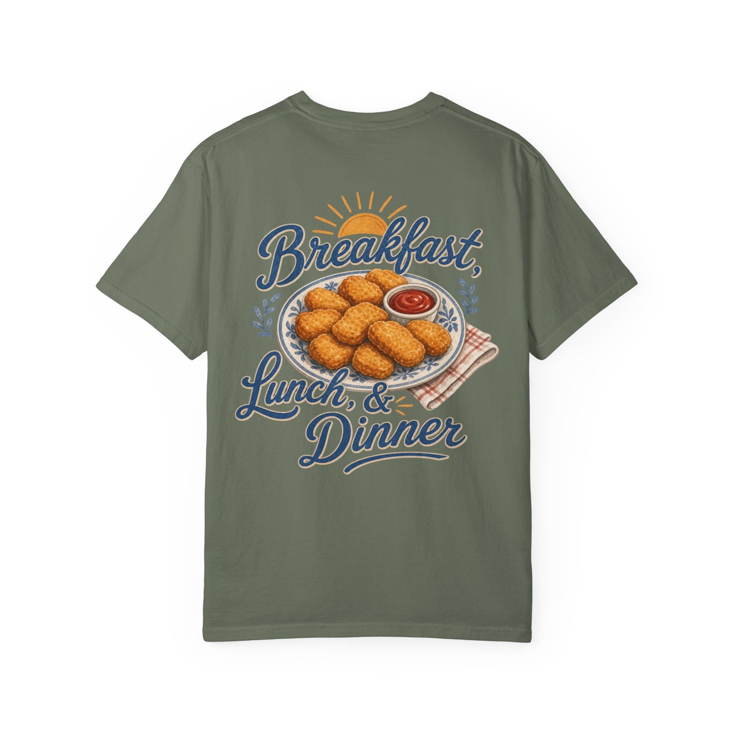 Chicken Nugget T-Shirt — “Breakfast, Lunch & Dinner” Retro Food Graphic Tee Adult BACK PRINT