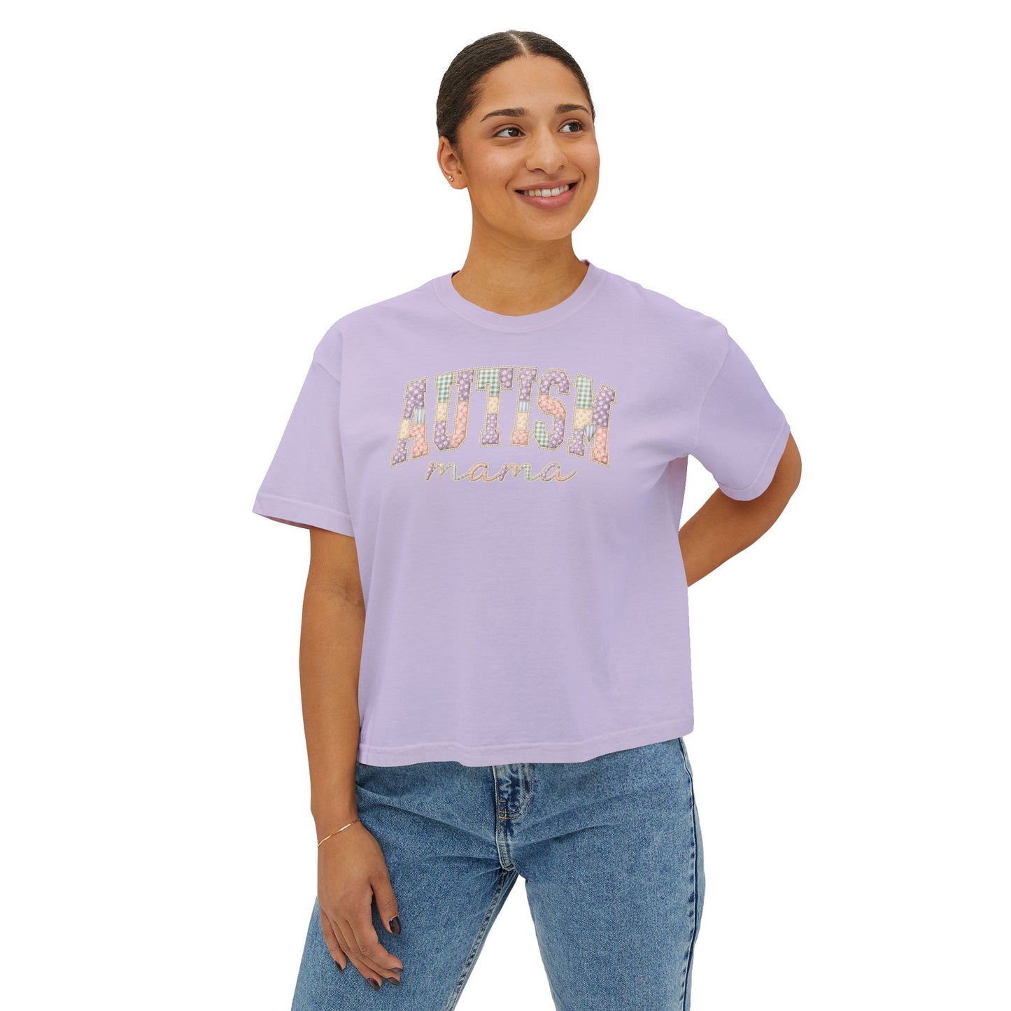 Autism Mama Boxy Tee — Pastel Patchwork Lettering T‑Shirt image 17