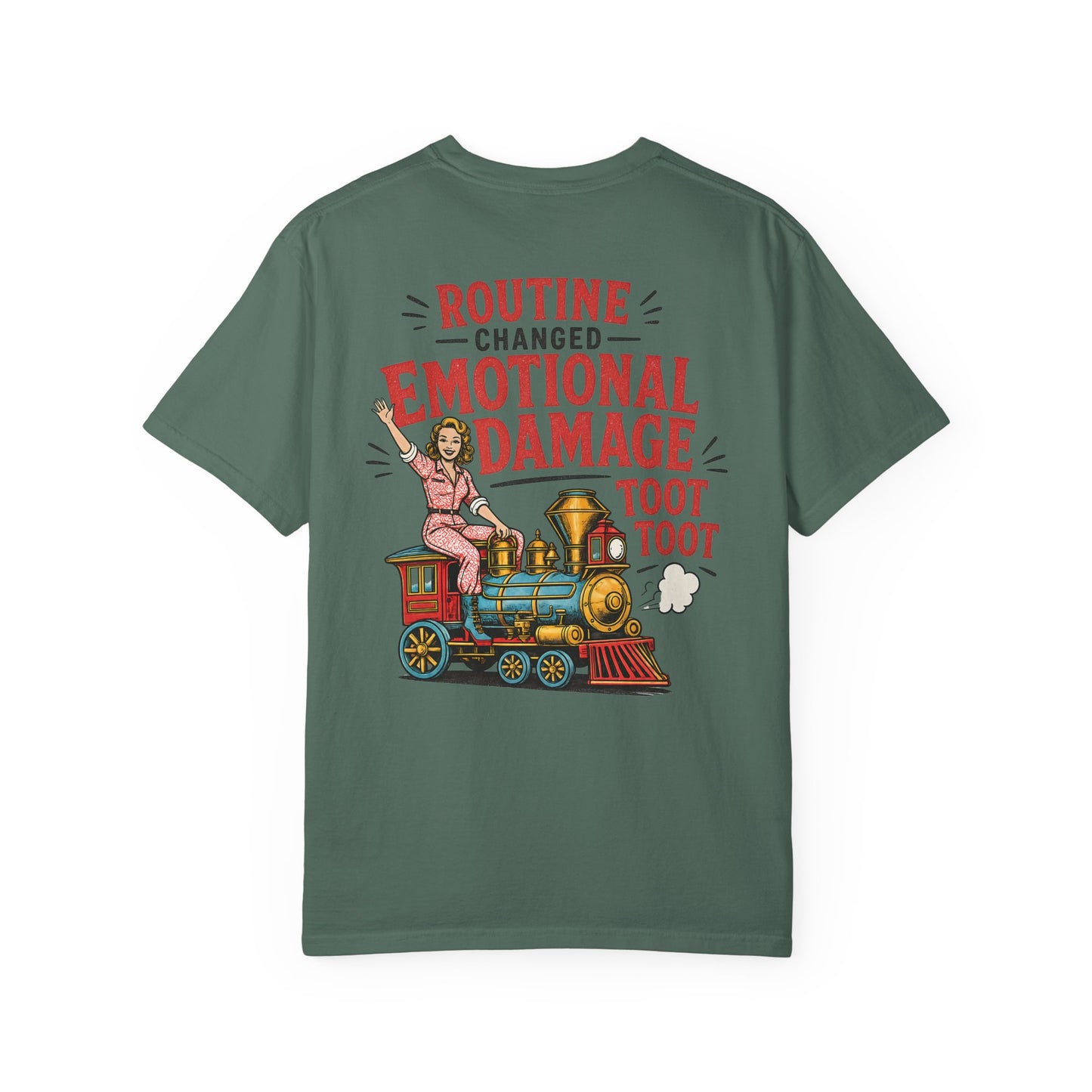 Emotional Damage Train T-Shirt — 'Routine Changed' Vintage Locomotive Graphic BACK PRINT