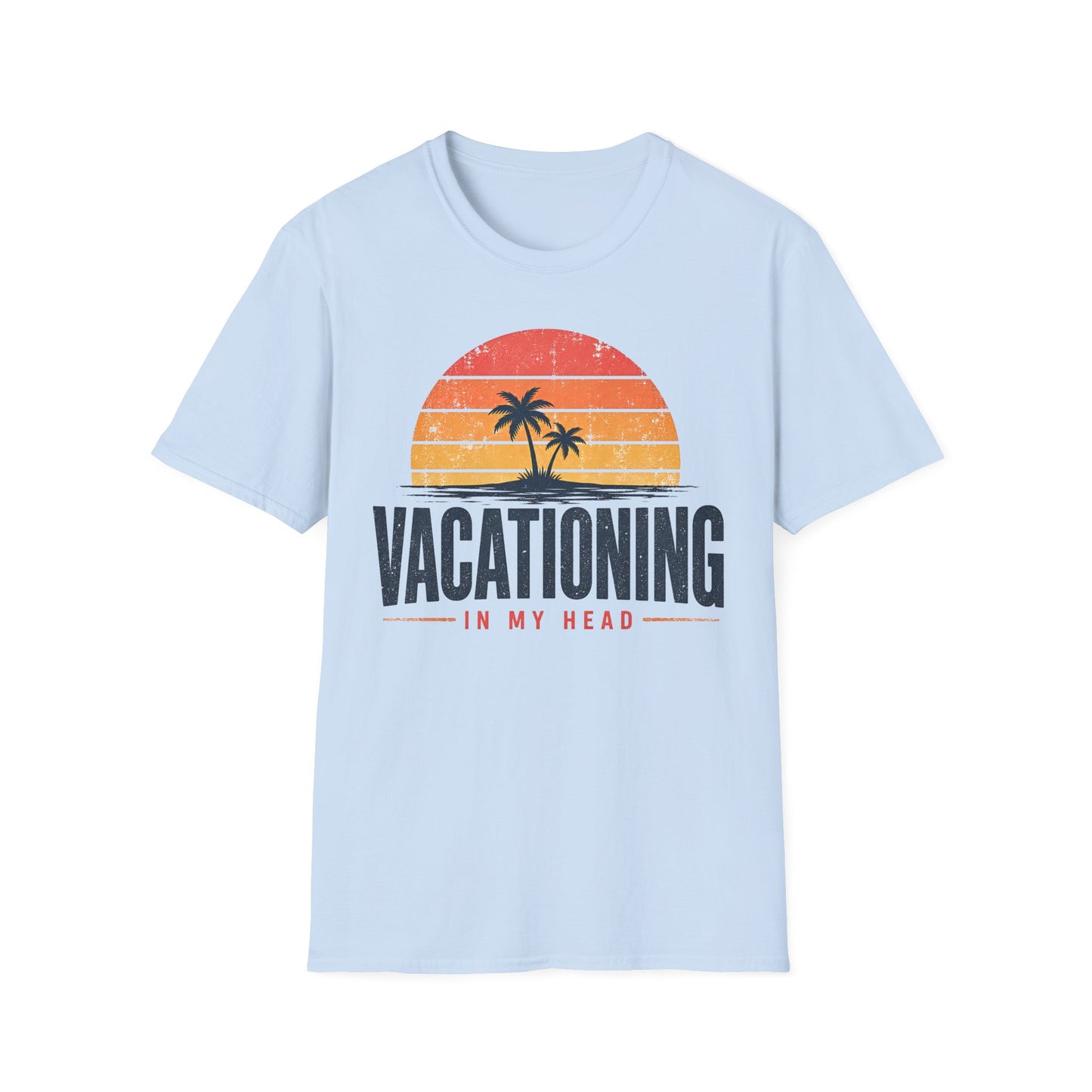Vacationing T-Shirt — Retro Palm Sunset "Vacationing in My Head" Tee