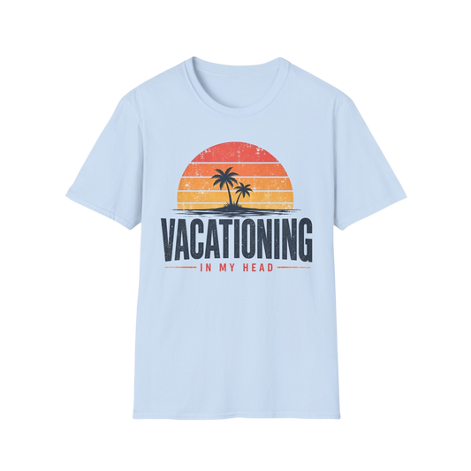Vacationing T-Shirt — Retro Palm Sunset "Vacationing in My Head" Tee