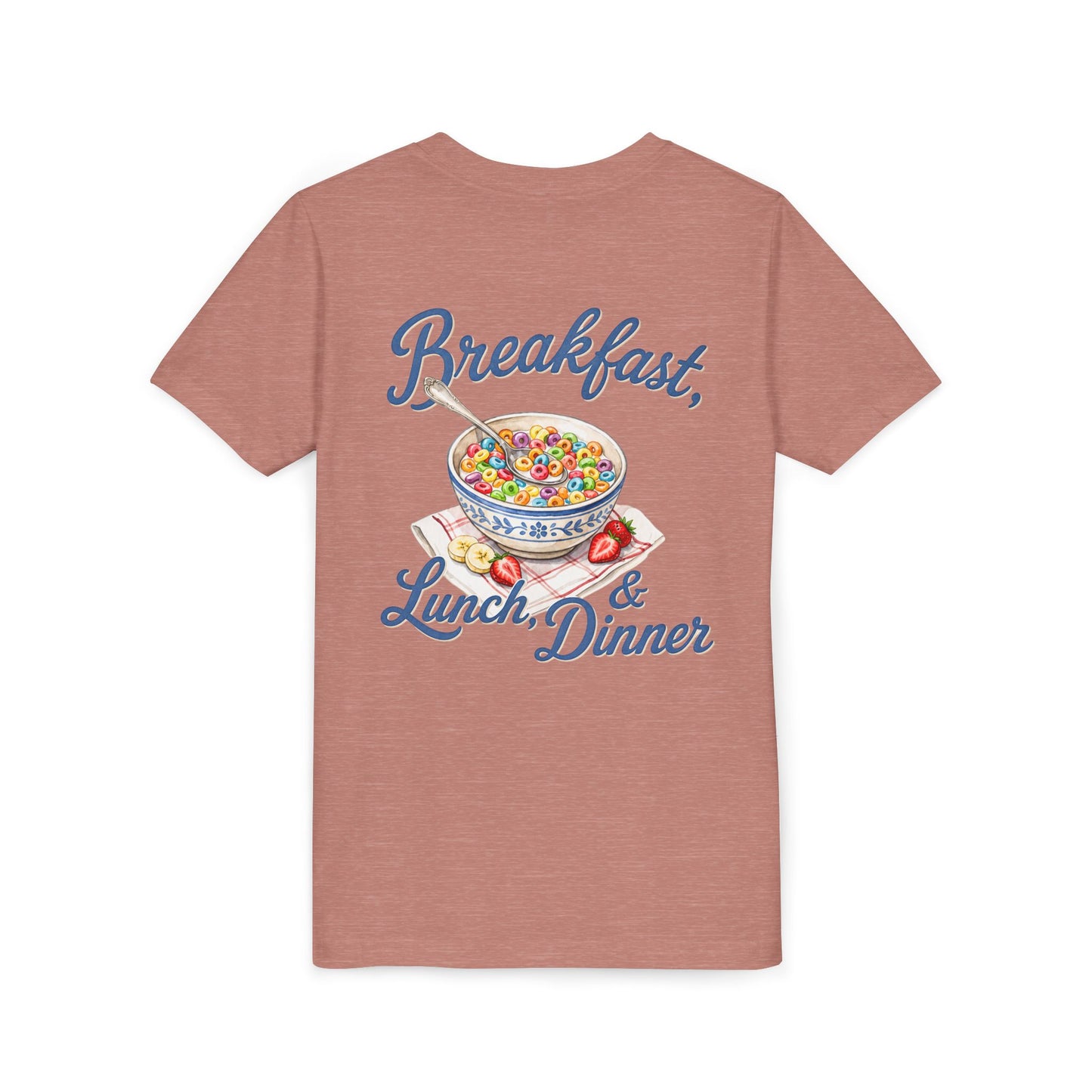 “Breakfast, Lunch & Dinner” Cereal Bowl Kids Youth Tee - Shirt BACK PRINT