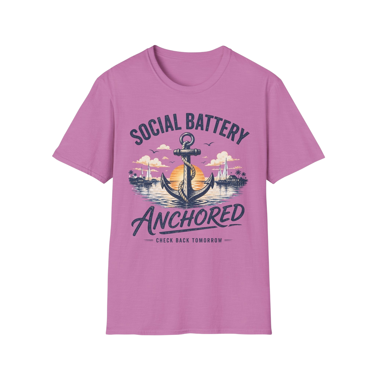Social Battery Anchored T‑Shirt — Nautical Anchor Retro Sunset Tee