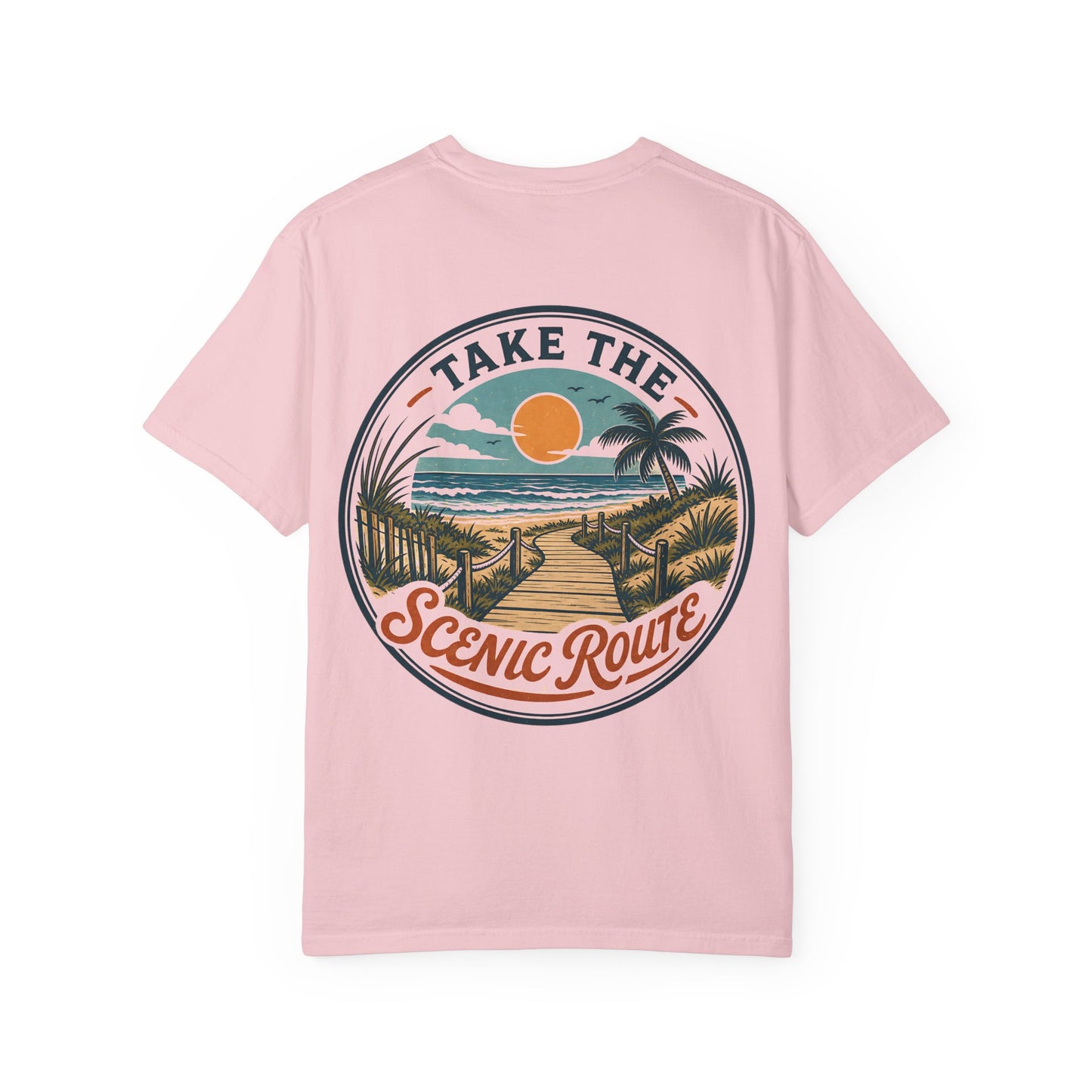 Scenic Route Beach T-Shirt — "Take the Scenic Route" Sunset Boardwalk Tee