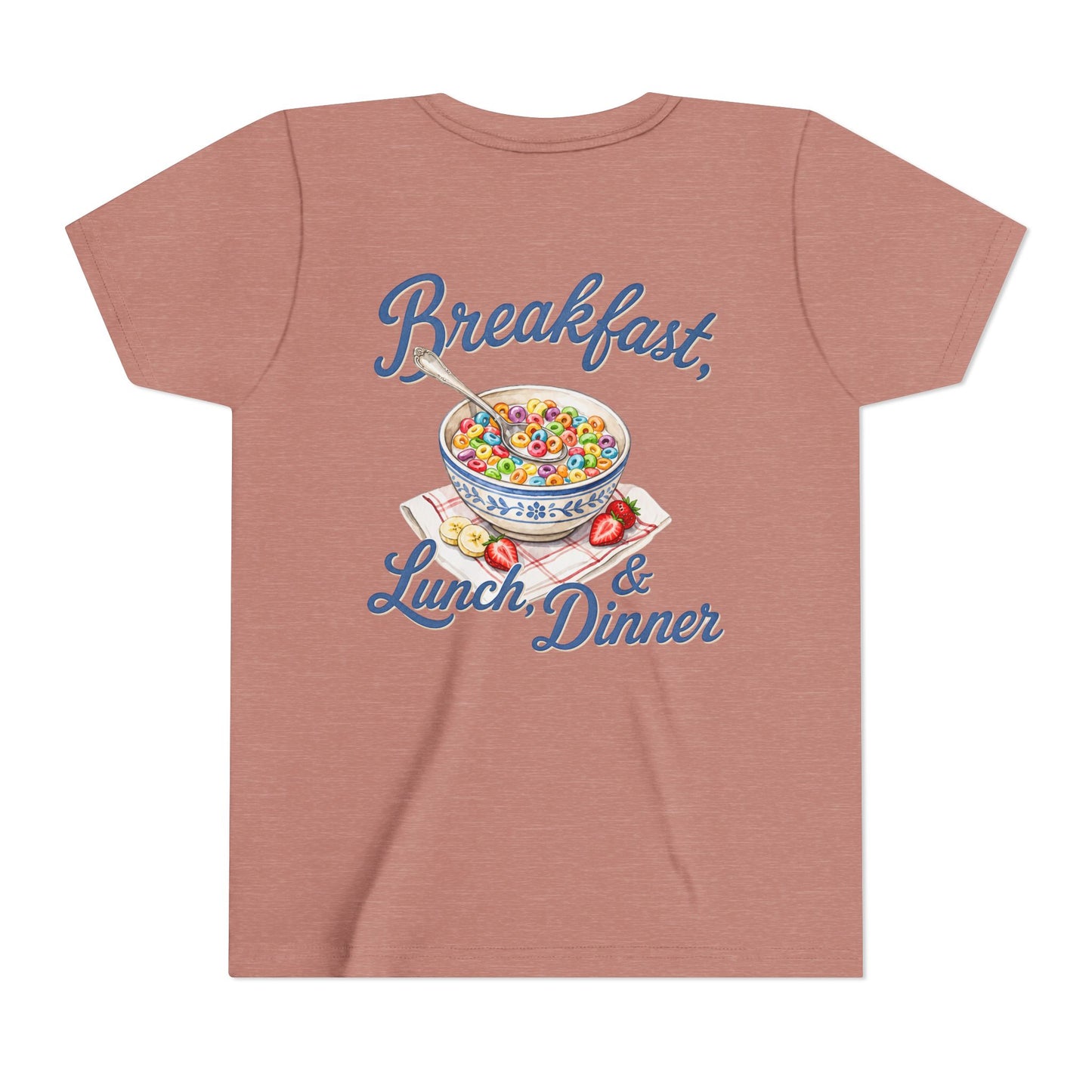 “Breakfast, Lunch & Dinner” Cereal Bowl Kids Youth Tee - Shirt BACK PRINT