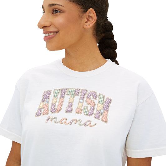 Autism Mama Boxy Tee — Pastel Patchwork Lettering T‑Shirt image 1
