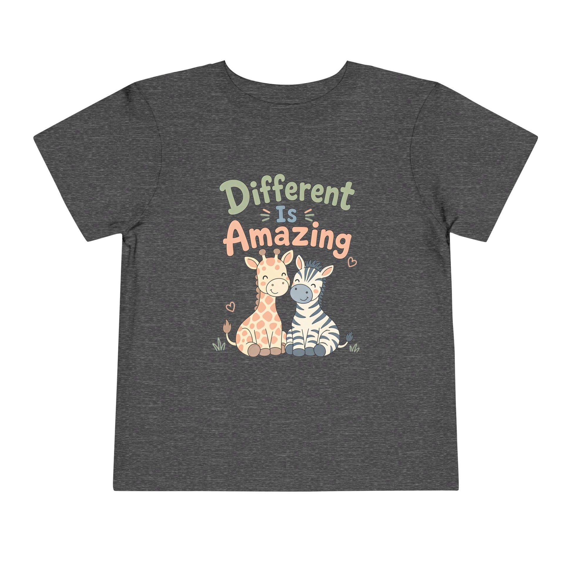 Toddler Tee — "Different Is Amazing" Giraffe &amp; Zebra Diversity Kids Shirt - Dark Heather Grey, 3T image