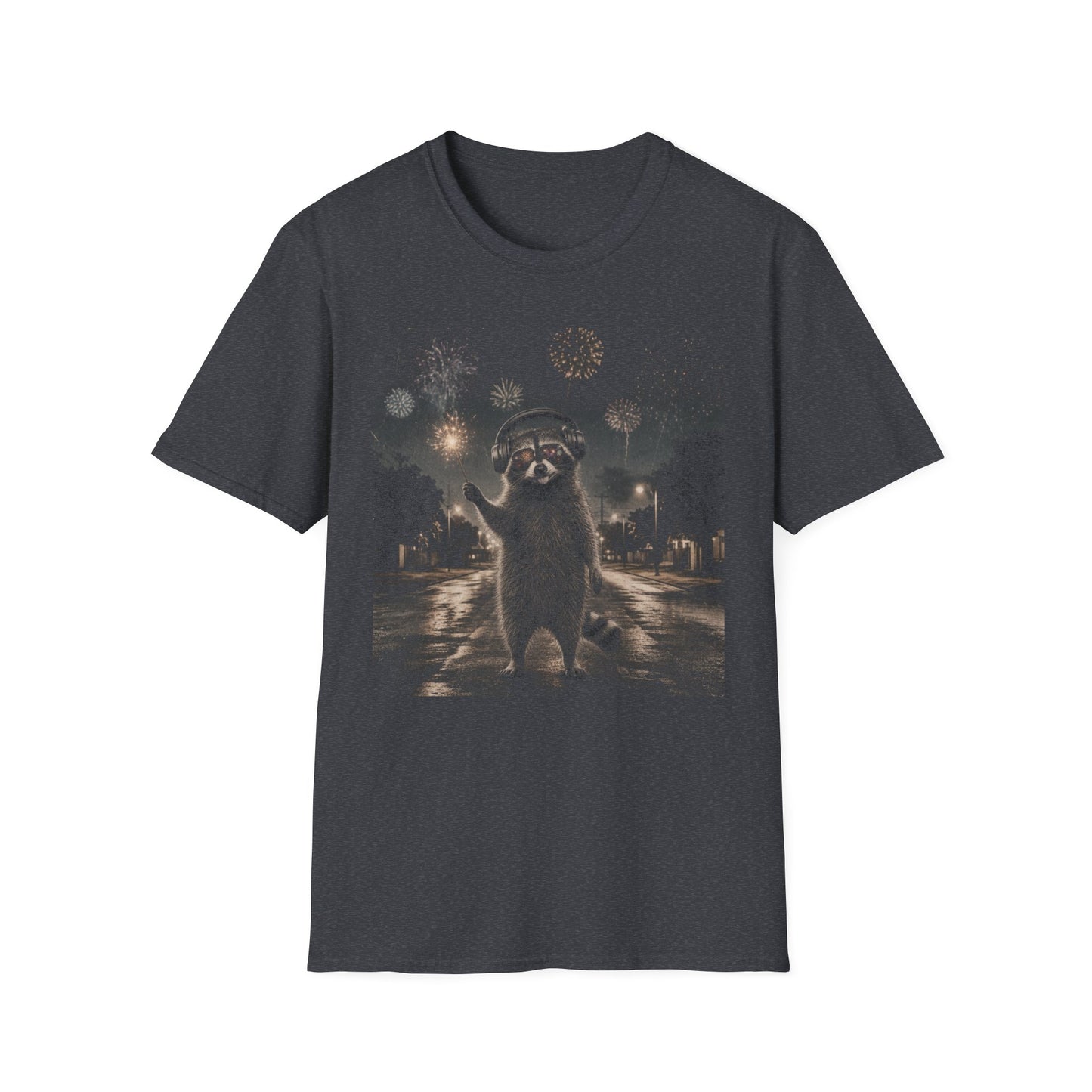 Raccoon Fireworks Tee — Night Sky Neurodivergent Auditory sensitivity Raccoon Party Animal T-Shirt