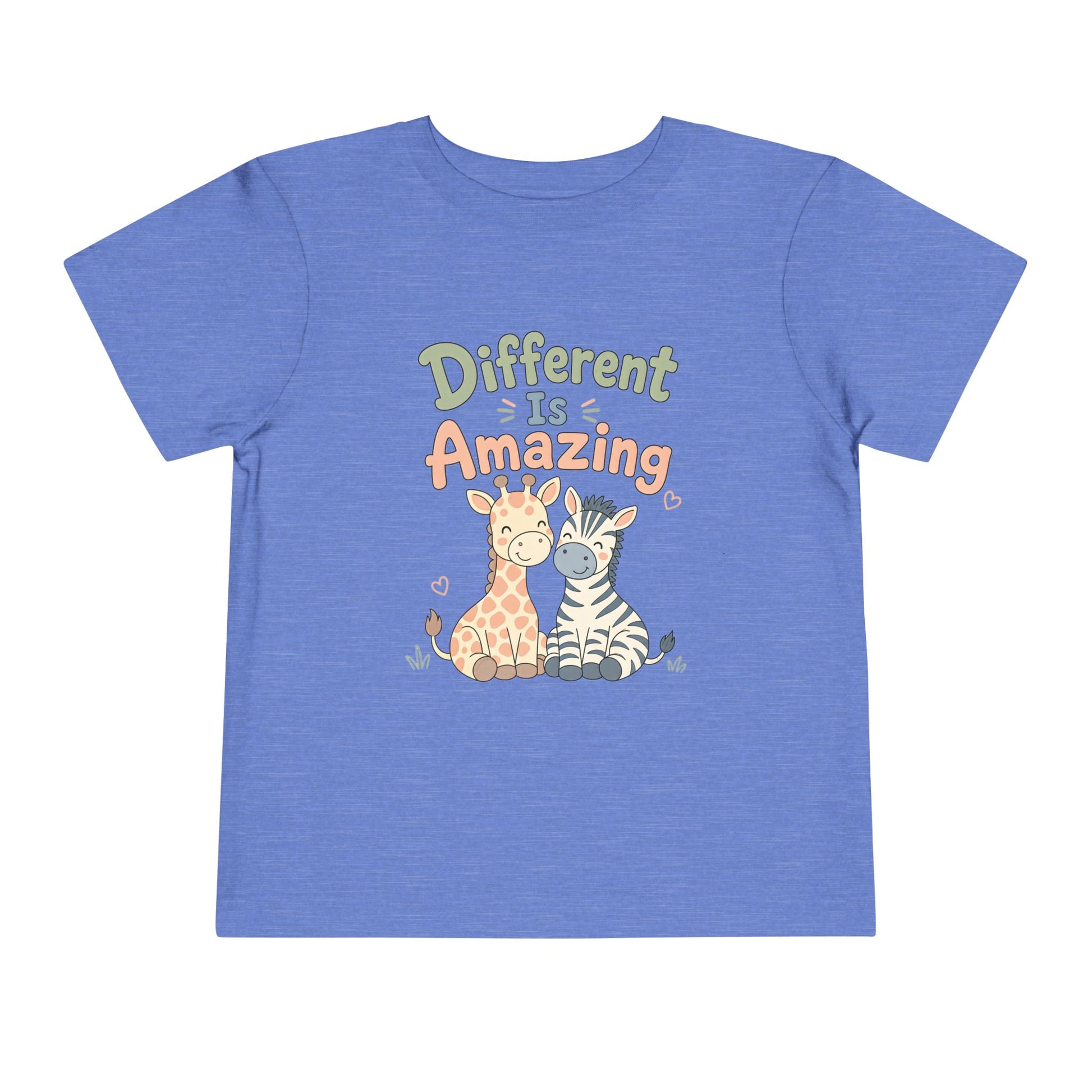 Toddler Tee — "Different Is Amazing" Giraffe &amp; Zebra Diversity Kids Shirt - Heather Columbia Blue, 5T image