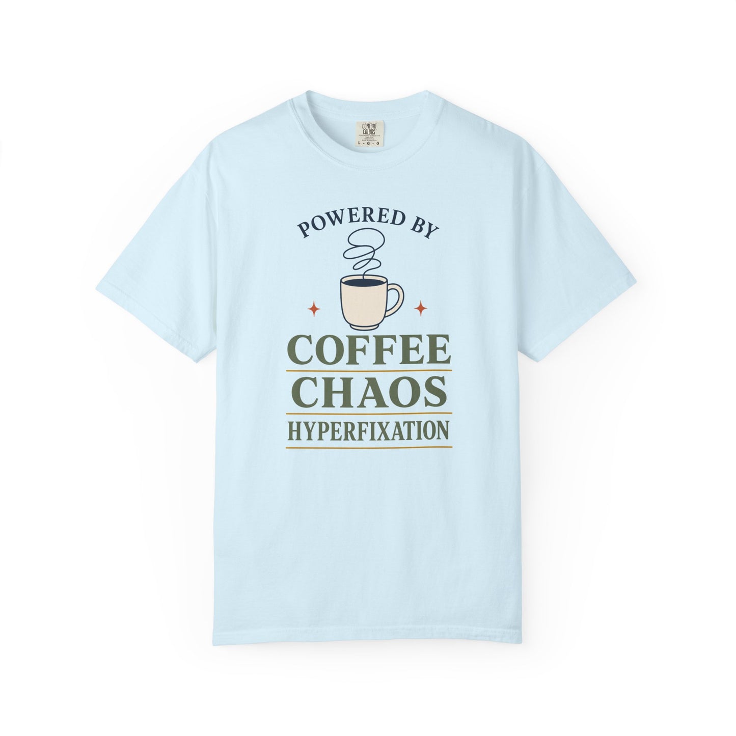 “Powered by Coffee Chaos” Coffee Chaos T-Shirt — Graphic Tee for Coffee Lovers