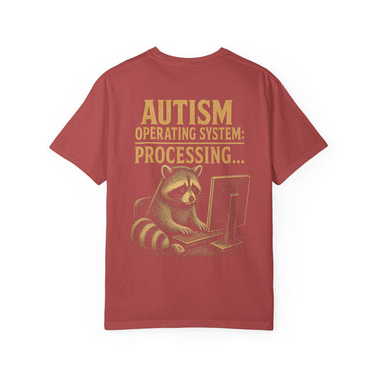 Autism Operating System T-Shirt — 'Processing...' Raccoon Graphic Tee