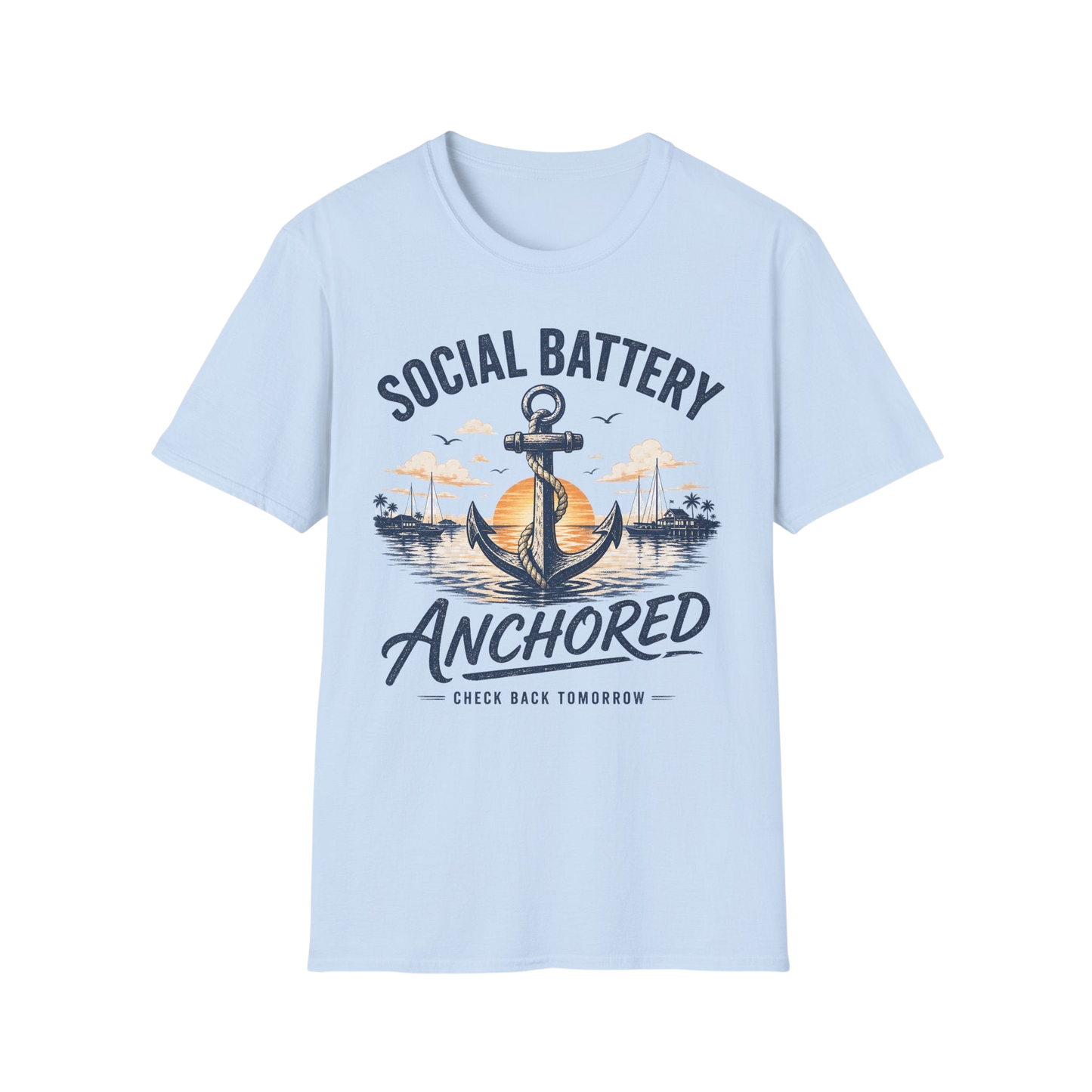 Social Battery Anchored T‑Shirt — Nautical Anchor Retro Sunset Tee