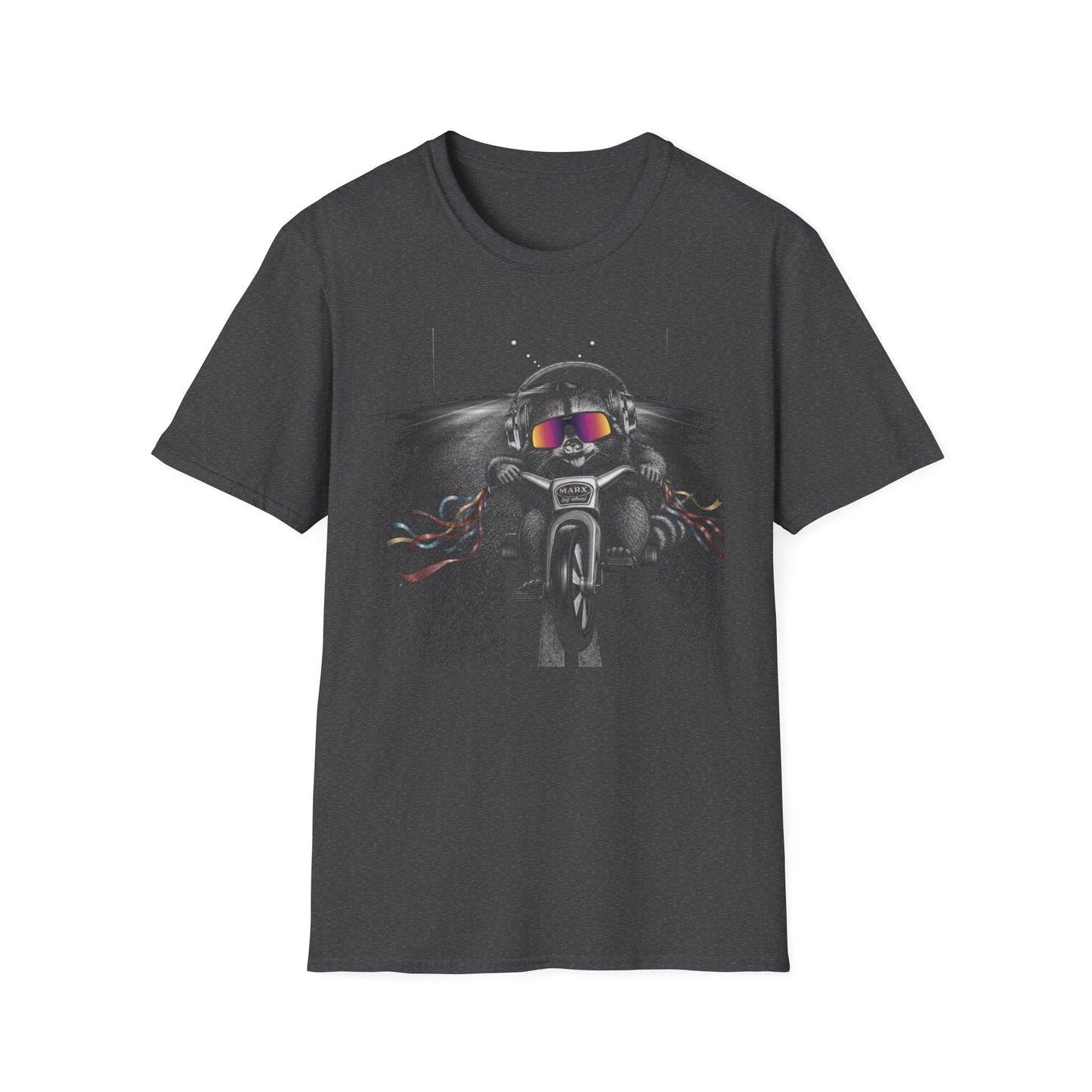 Marx Big Wheel Active Noise Canceling (ANC) headphones and Oakleys Raccoon Graphic T-Shirt — Retro Biker Tee
