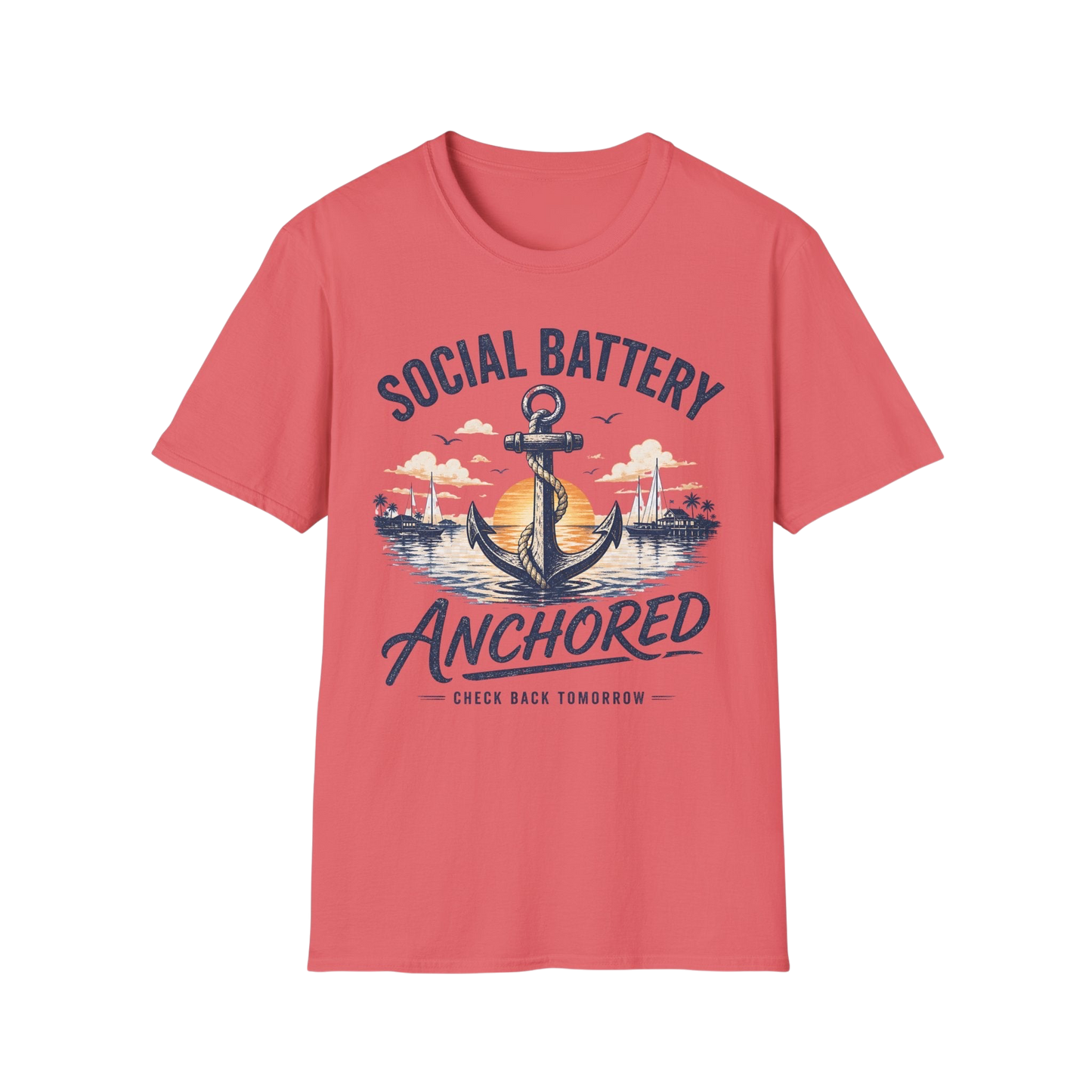 Social Battery Anchored T‑Shirt — Nautical Anchor Retro Sunset Tee