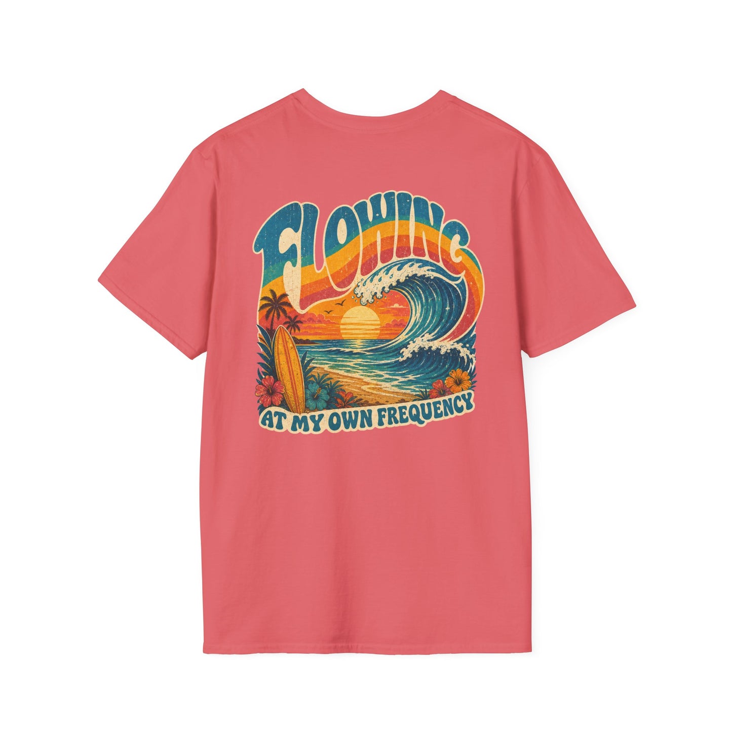 "Flowing At My Own Frequency" Groovy 70s Surfboard Beach Sunset Graphic T-Shirt