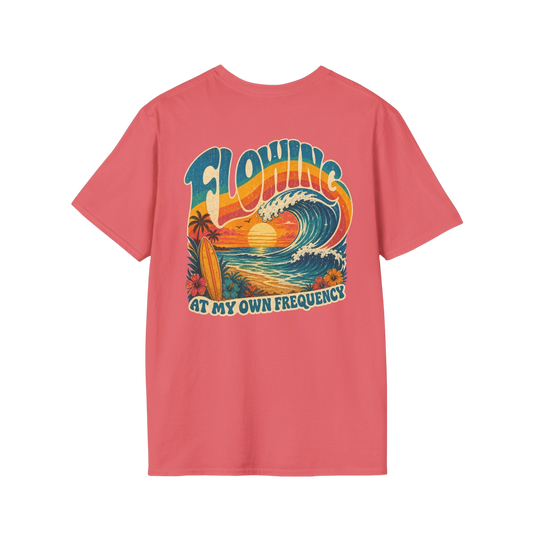"Flowing At My Own Frequency" Groovy 70s Surfboard Beach Sunset Graphic T-Shirt