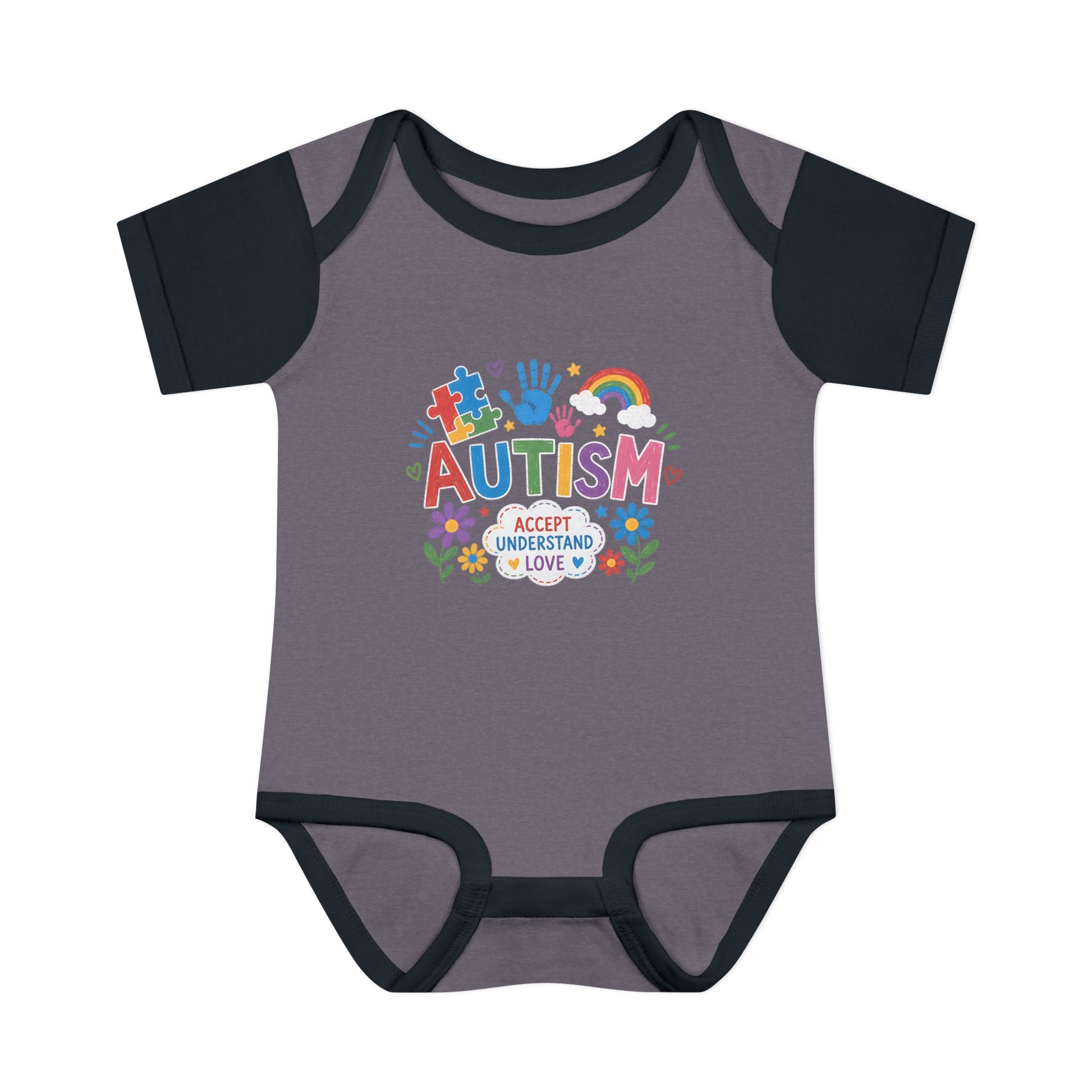 Autism Awareness Infant Bodysuit — 'Accept Understand Love' Colorful Design - 24M, Granite Heather/Black image