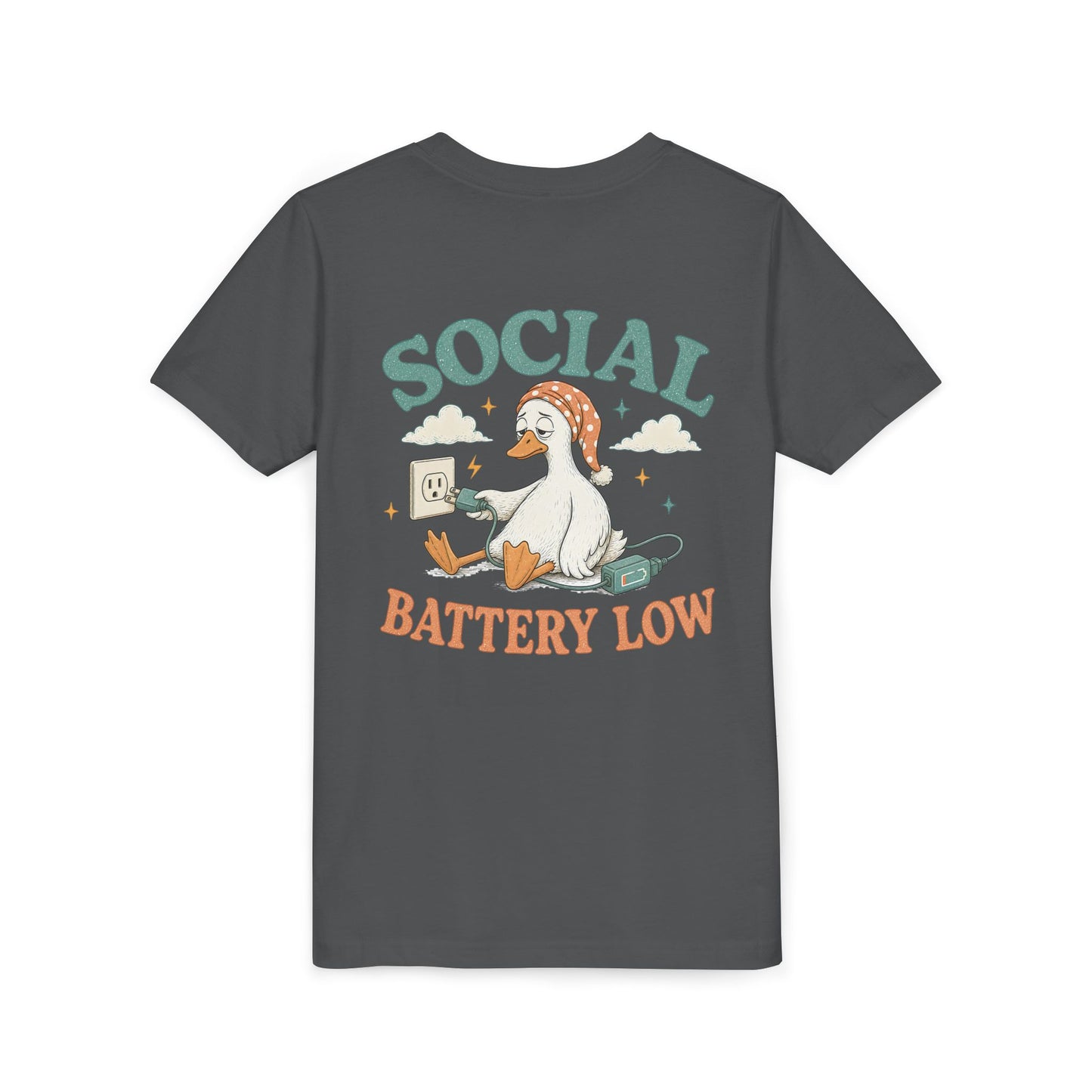 Youth Tee — Social Battery Low Silly Goose Graphic BACK PRINT