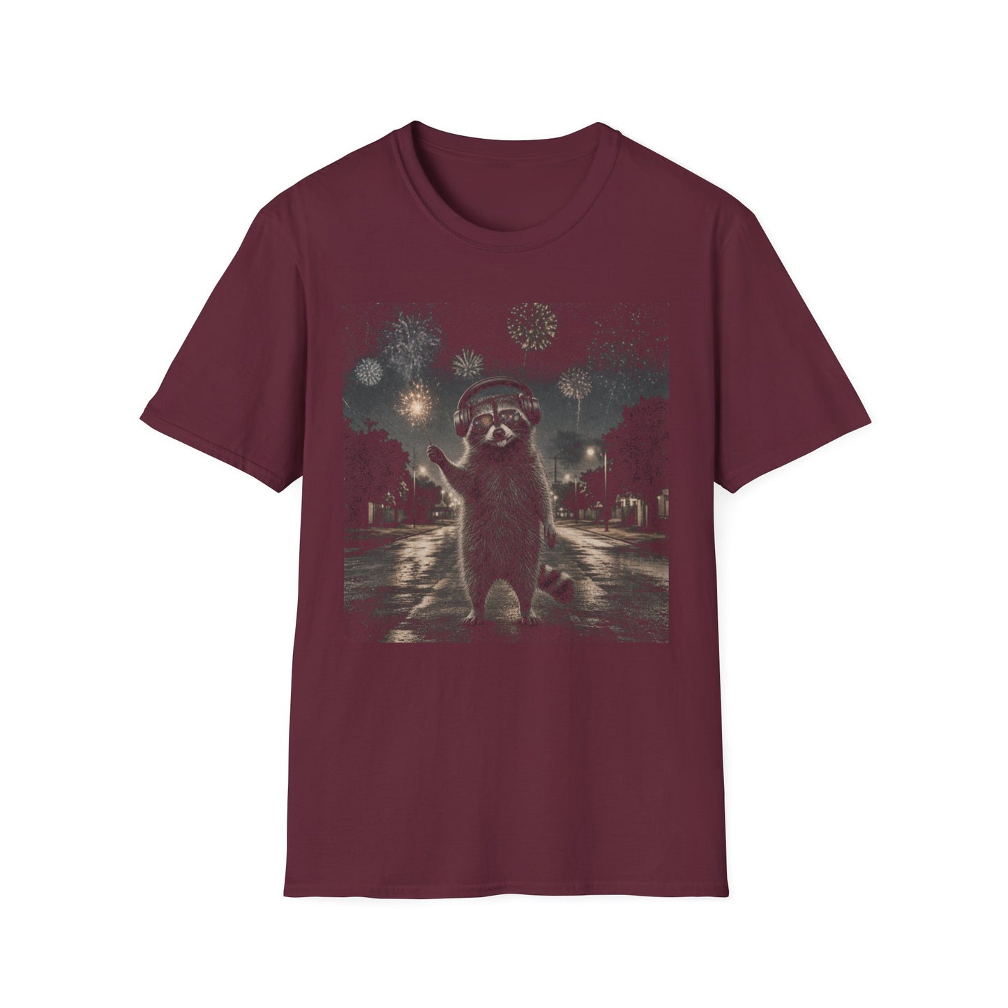 Raccoon Fireworks Tee — Night Sky Neurodivergent Auditory sensitivity Raccoon Party Animal T-Shirt
